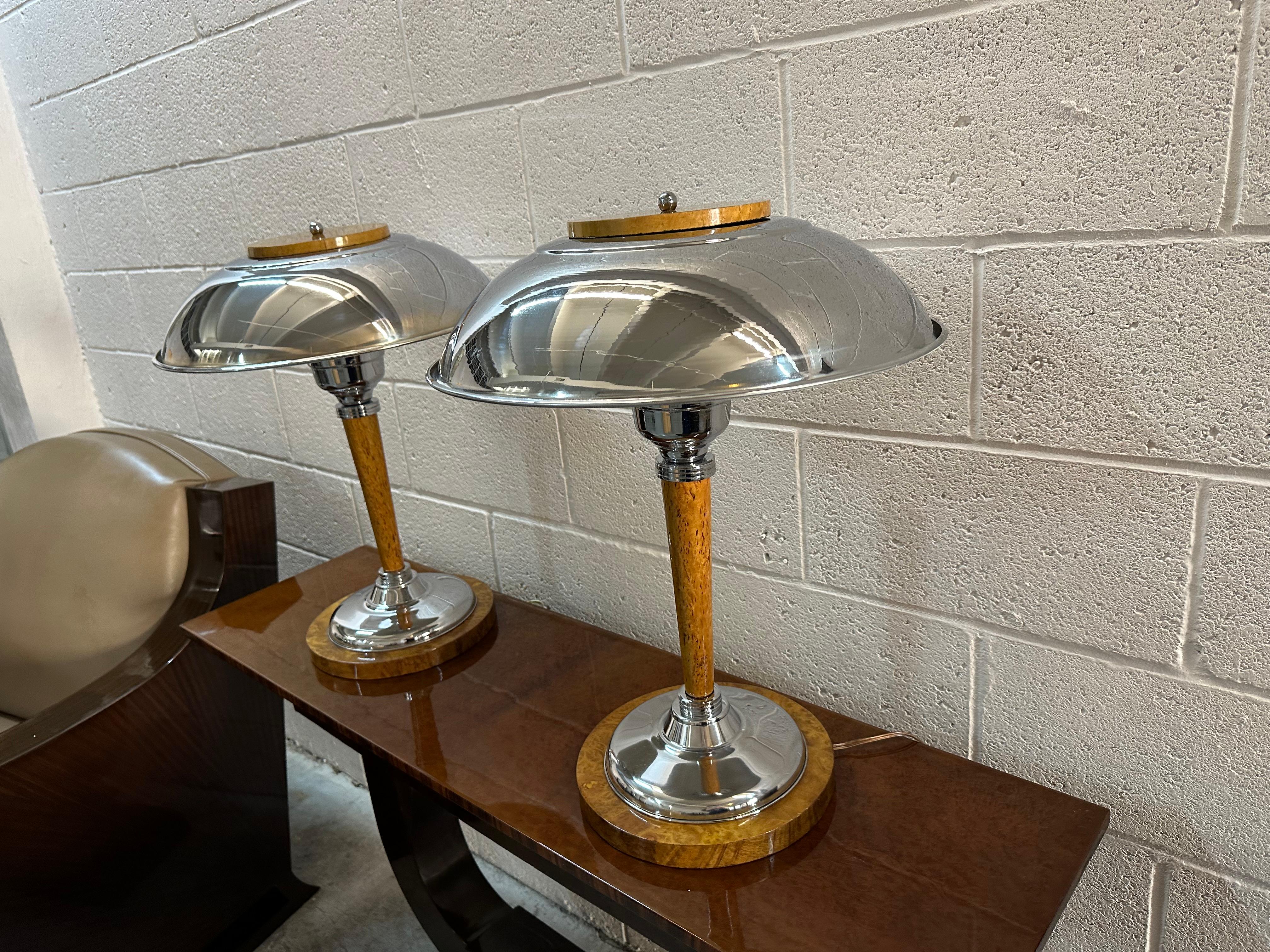 Pair of Art Deco Table Lamps in wood and chrome, 1920, France For Sale 12