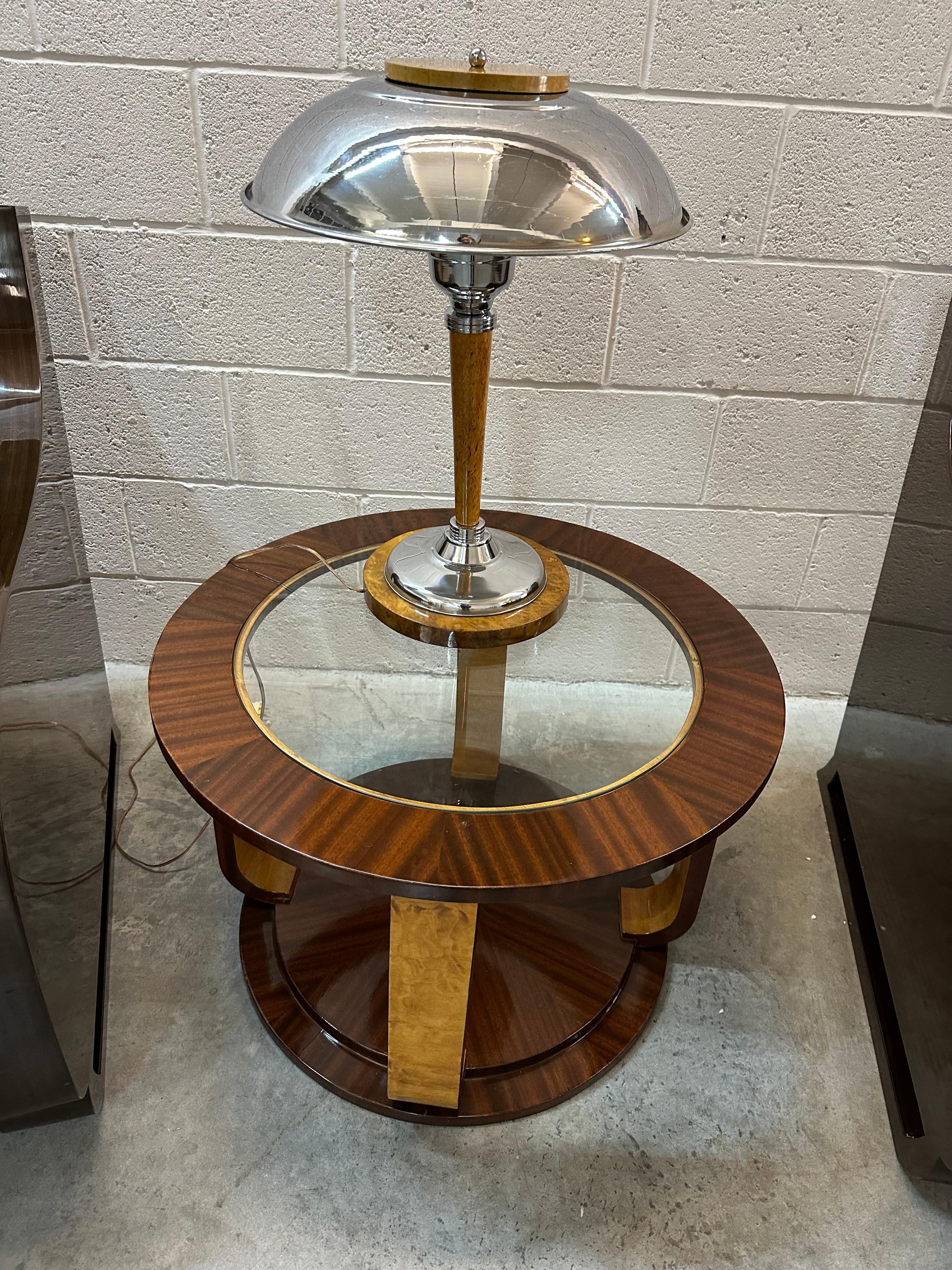 French Pair of Art Deco Table Lamps in wood and chrome, 1920, France For Sale