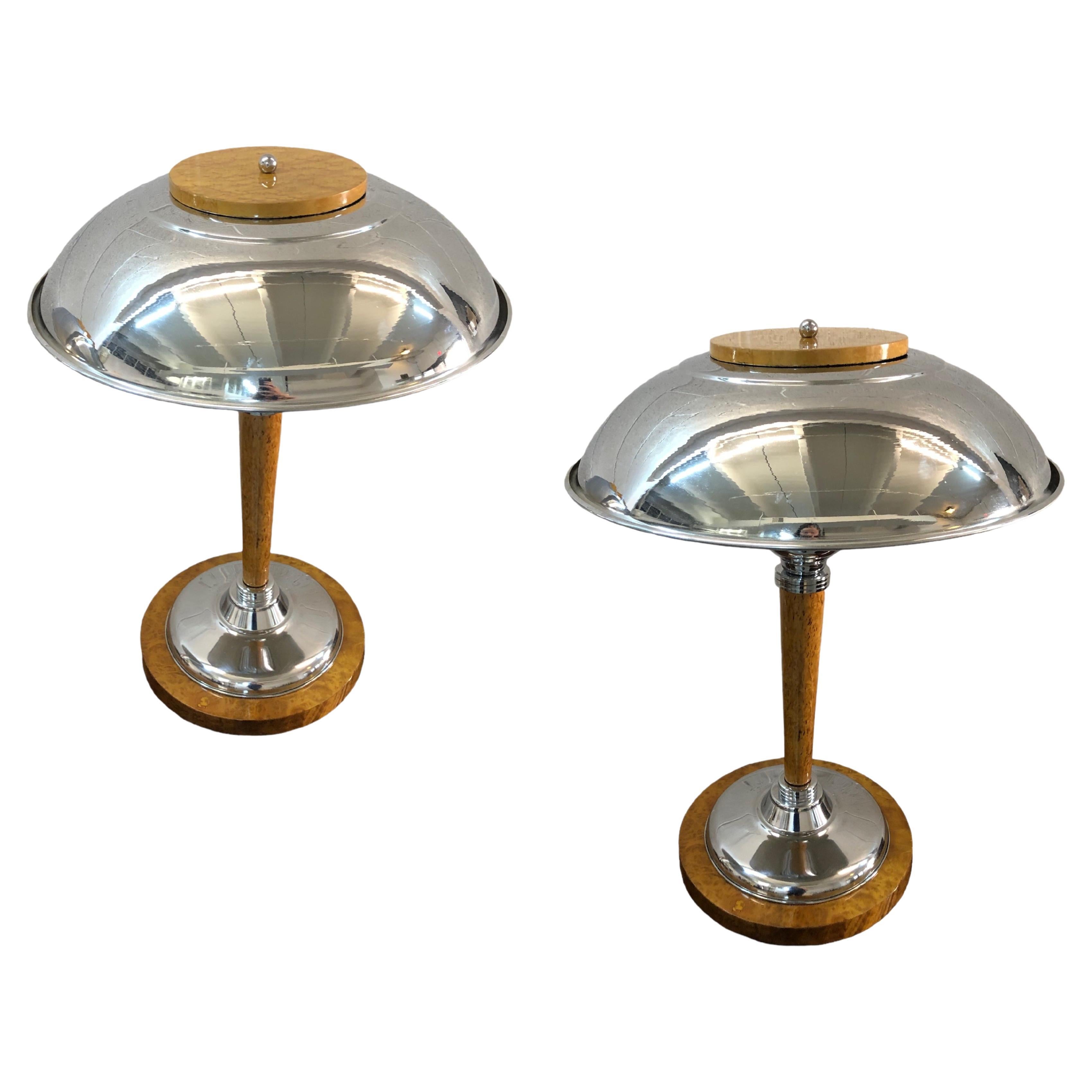 Pair of Art Deco Table Lamps in wood and chrome, 1920, France For Sale