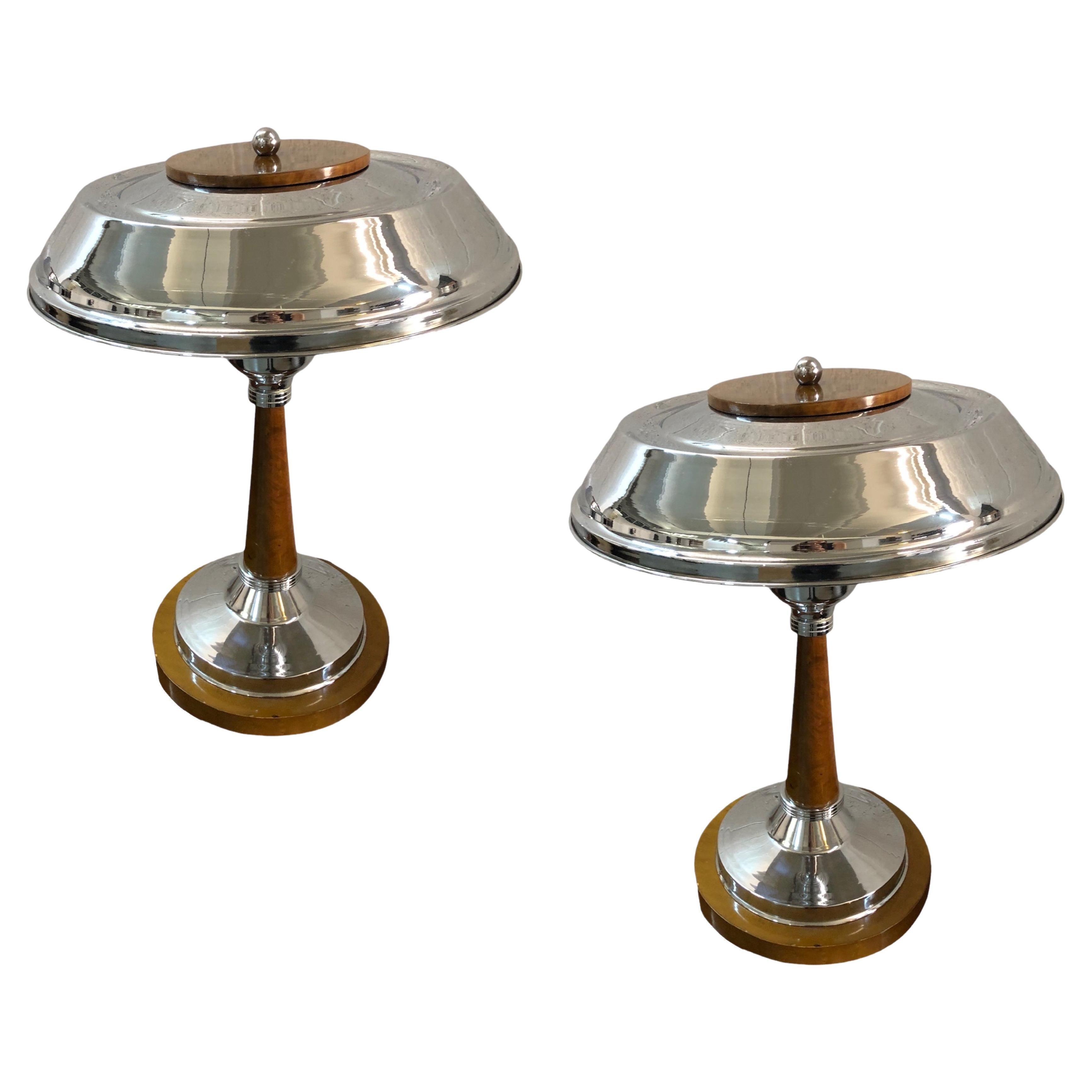 Pair of Art Deco Table Lamps in wood and chrome, 1920, France For Sale