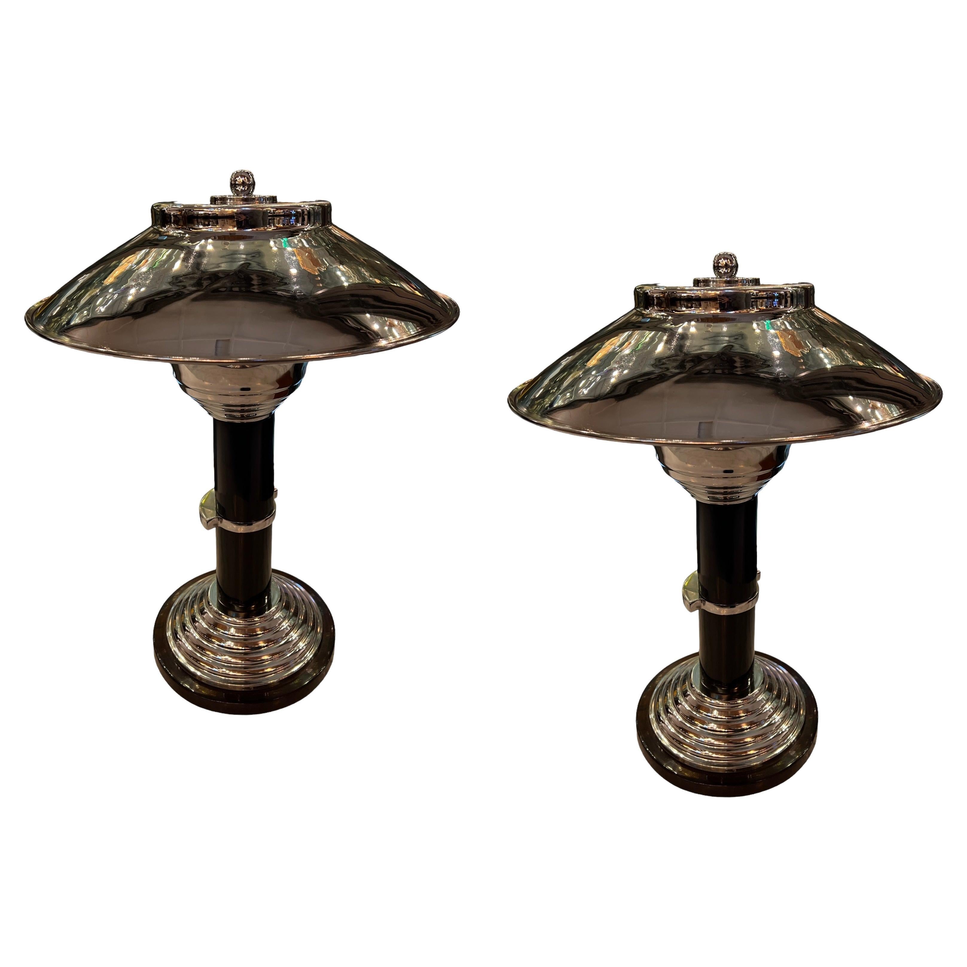 Pair of Art Deco Table Lamps in wood and chrome, France, 1930 For Sale