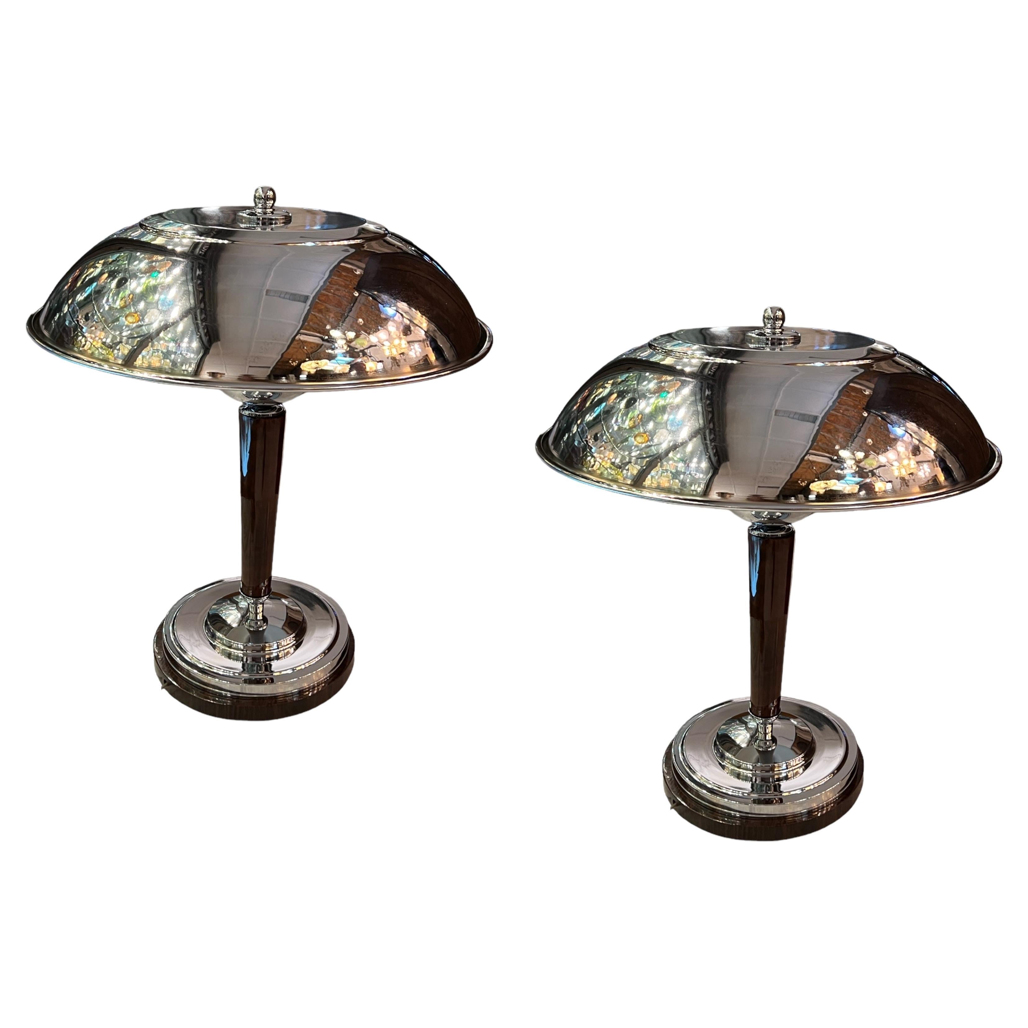 Pair of Art Deco Table Lamps in wood and chrome, France For Sale