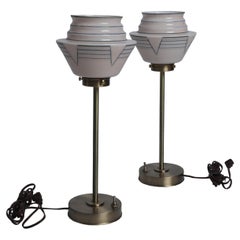 Pair of Art Deco Table Lamps on Brass Stems