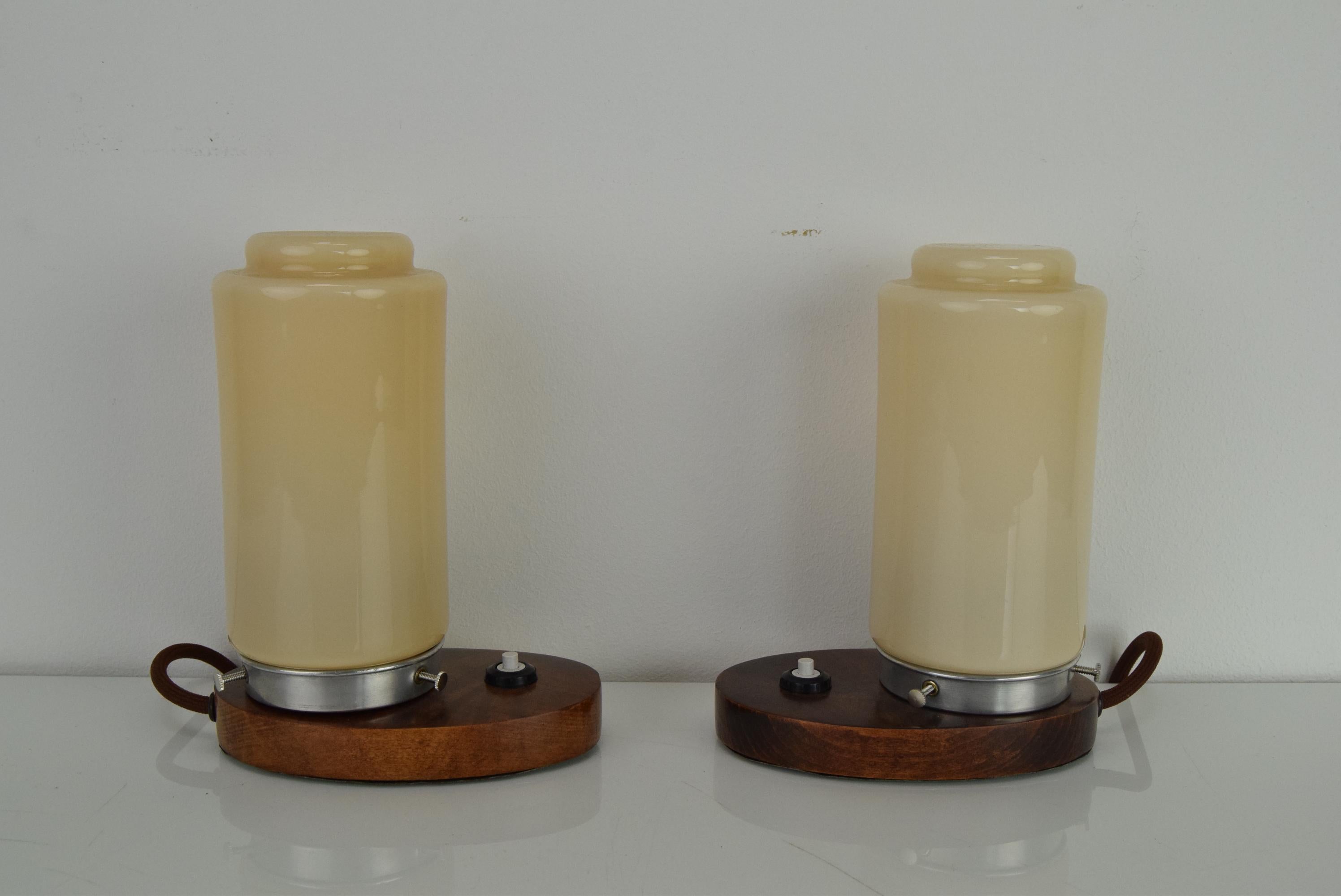 Made in Czechoslovakia
Made of Glass,Wood,Metal
The lamps were completely disasembled and cleaned, new electricity was installed, the wood has been restored 
2xE27 or E26 bulb
US adapter included
Good Original condition.