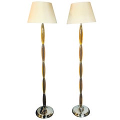 Pair of Art Deco Tall Murano Glass Style Standing Lamps Each on Chrome Bases