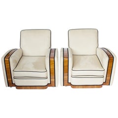 Pair of Art Deco Tank Chairs Faux Suede and Walnut Banding English, circa 1930