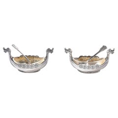 Pair of Art Deco Theodore Olsens Sterling Silver Viking Ship Salt Cellars