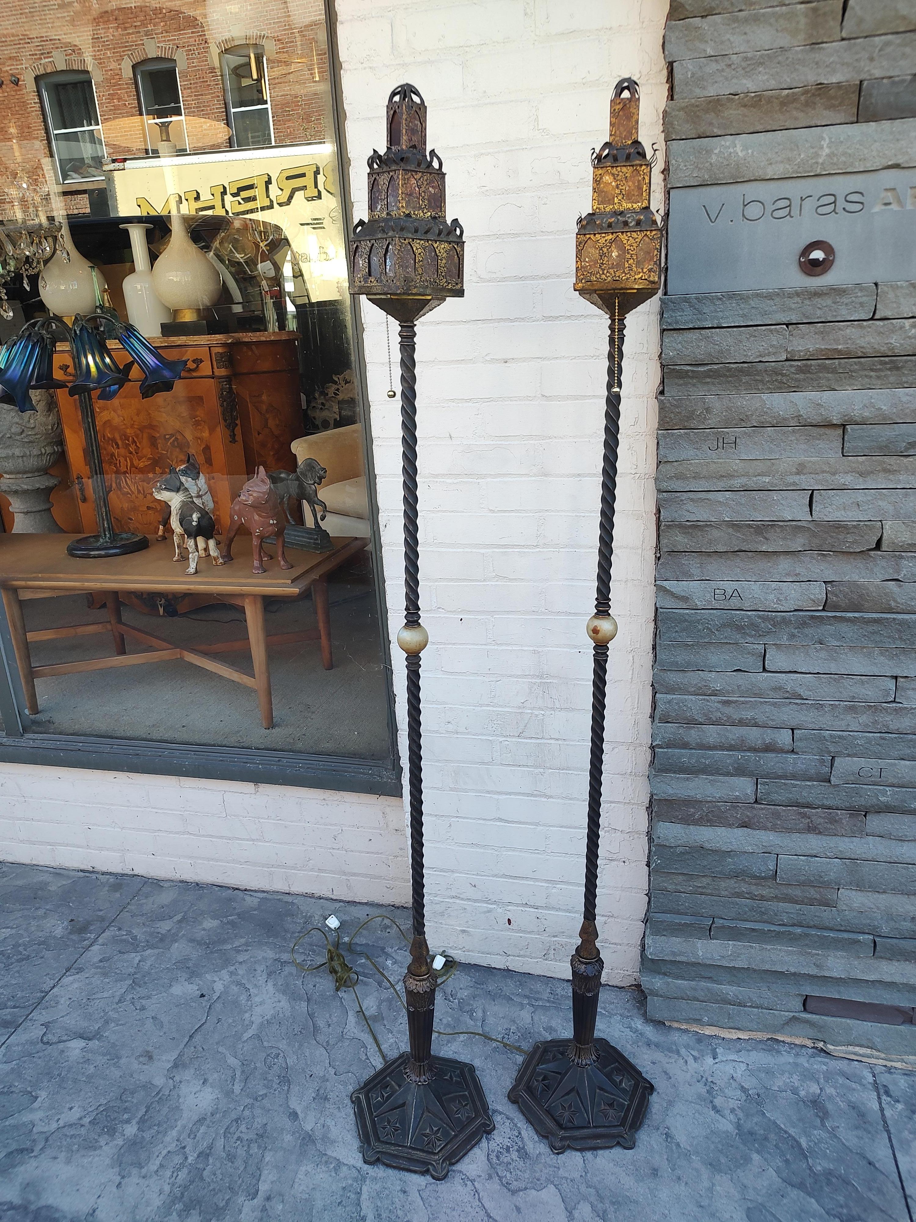 Pair of Art Deco Torch Floor Lamps Bronze with Mica & Iron For Sale 3