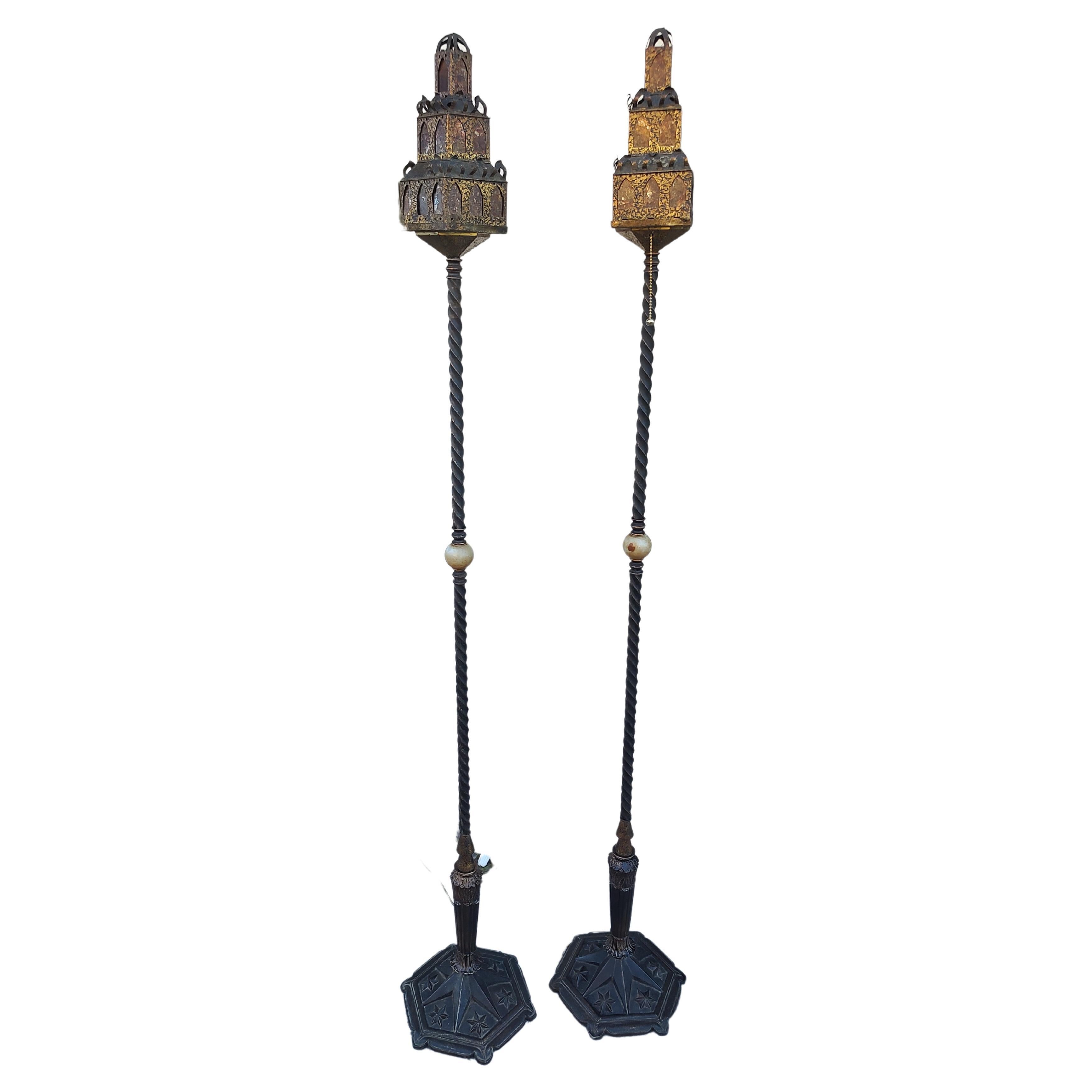 Mid-20th Century Pair of Art Deco Torch Floor Lamps Bronze with Mica & Iron For Sale