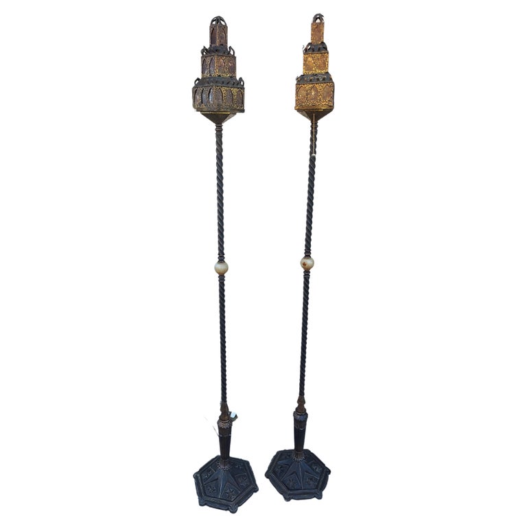 Pair of Art Deco Torch Floor Lamps Bronze with Mica and Iron For Sale