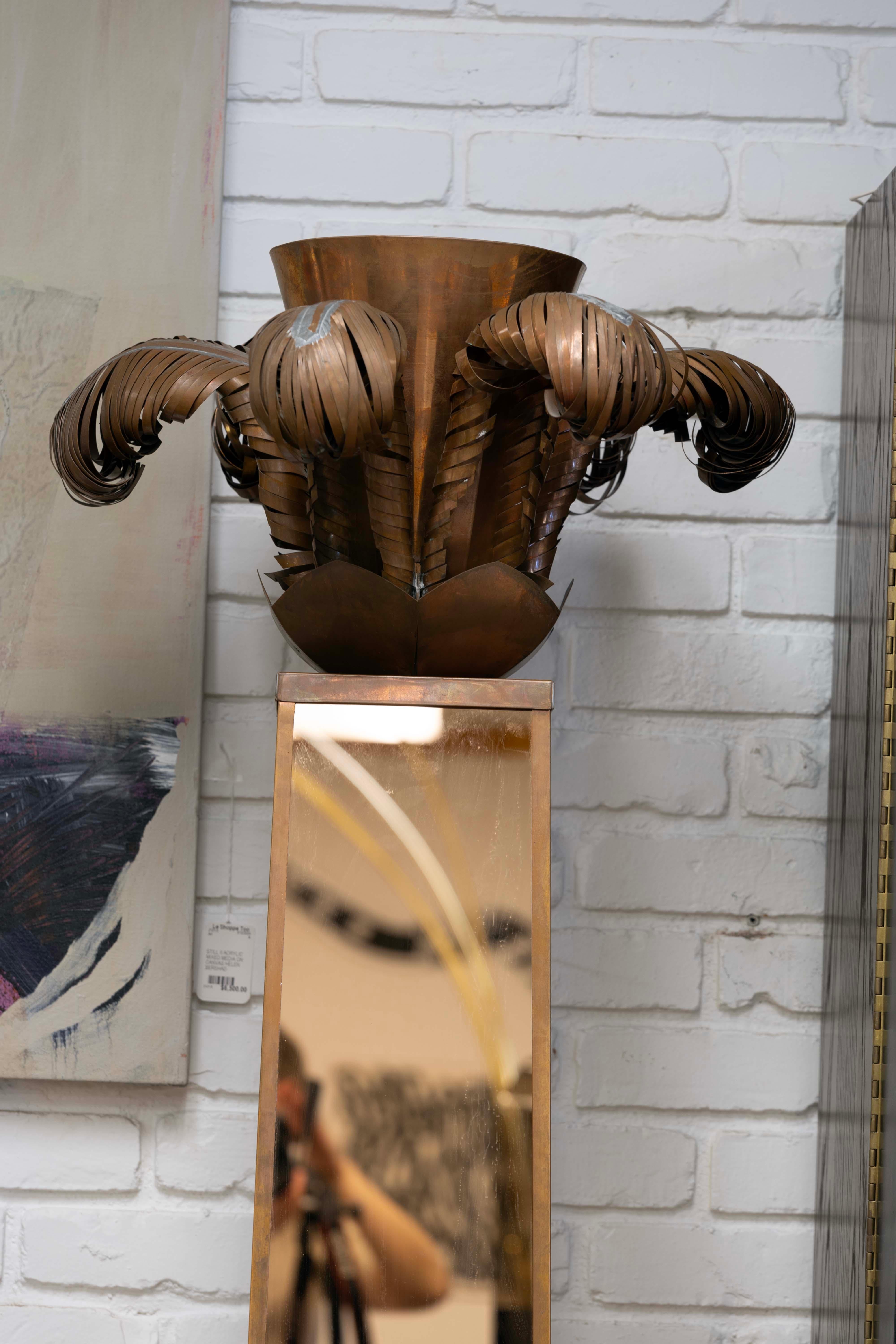 Unknown Pair of Art Deco Torchiere Uplight Copper Mirrored Floor Lamps with Marble Base