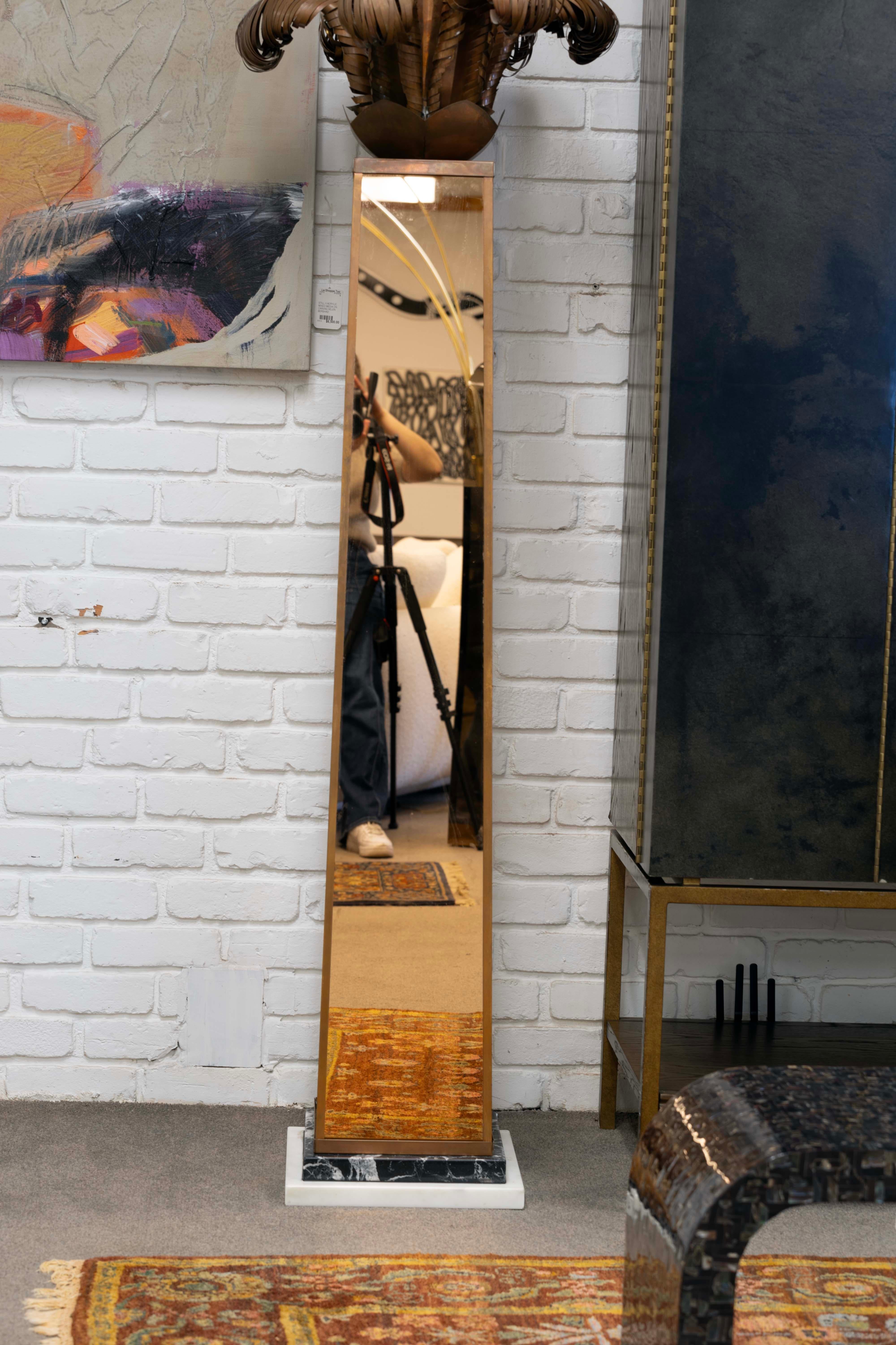 Pair of Art Deco Torchiere Uplight Copper Mirrored Floor Lamps with Marble Base In Good Condition In Keego Harbor, MI