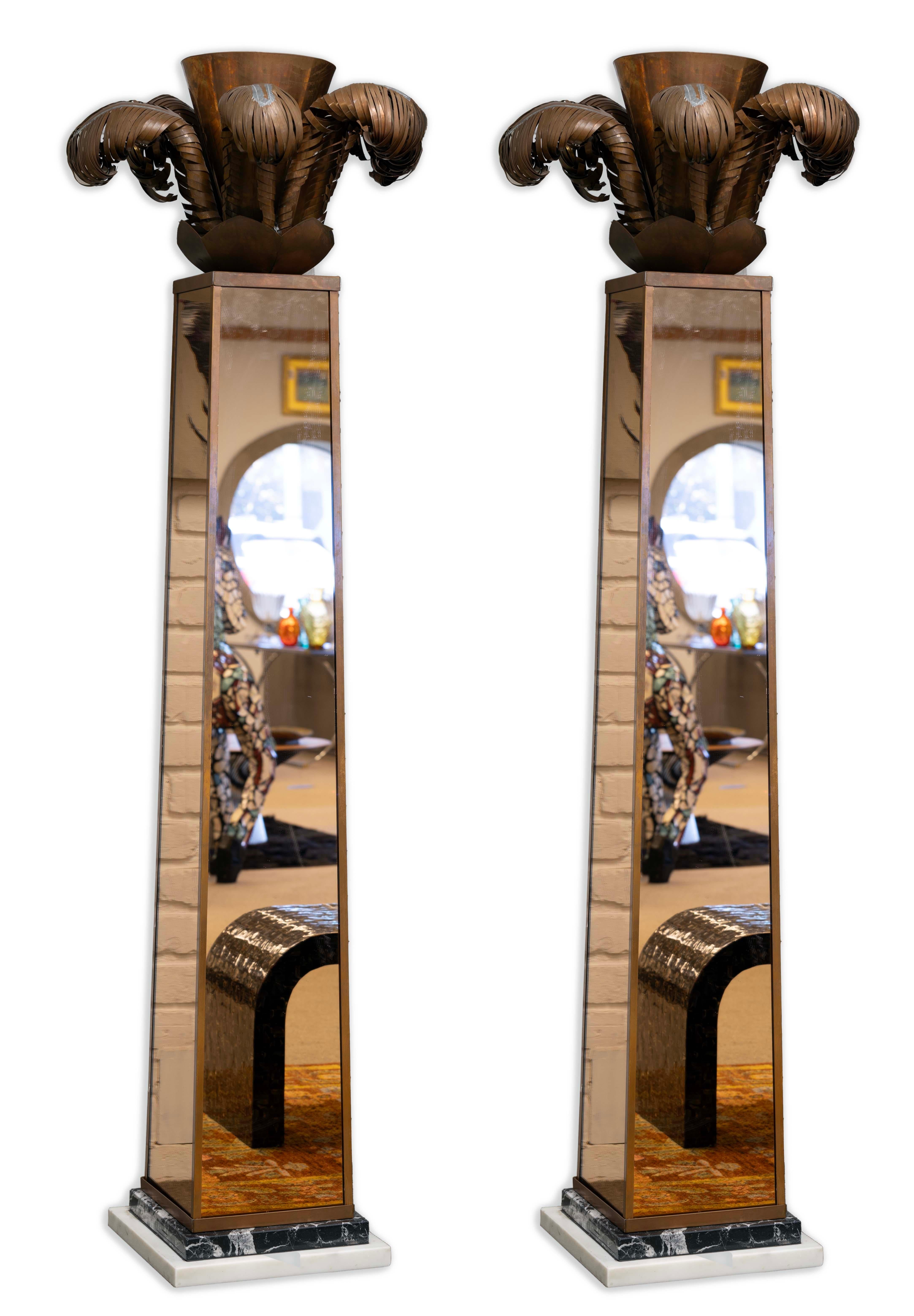 20th Century Pair of Art Deco Torchiere Uplight Copper Mirrored Floor Lamps with Marble Base