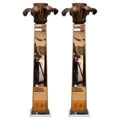Pair of Art Deco Torchiere Uplight Copper Mirrored Floor Lamps with Marble Base