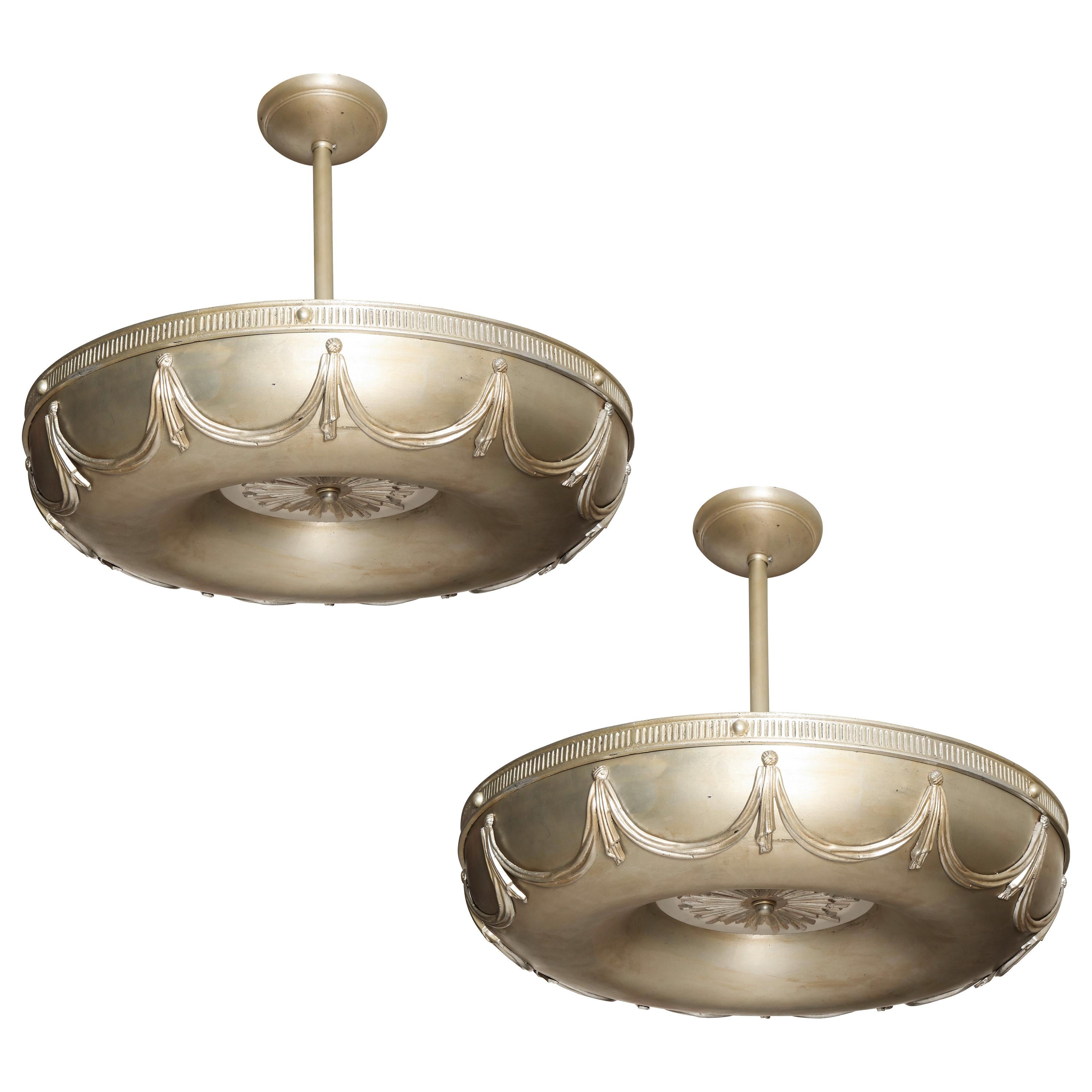 Pair of Art Deco Torus Pendant Lights by David Duncan, Antiqued Silver Leaf, New For Sale