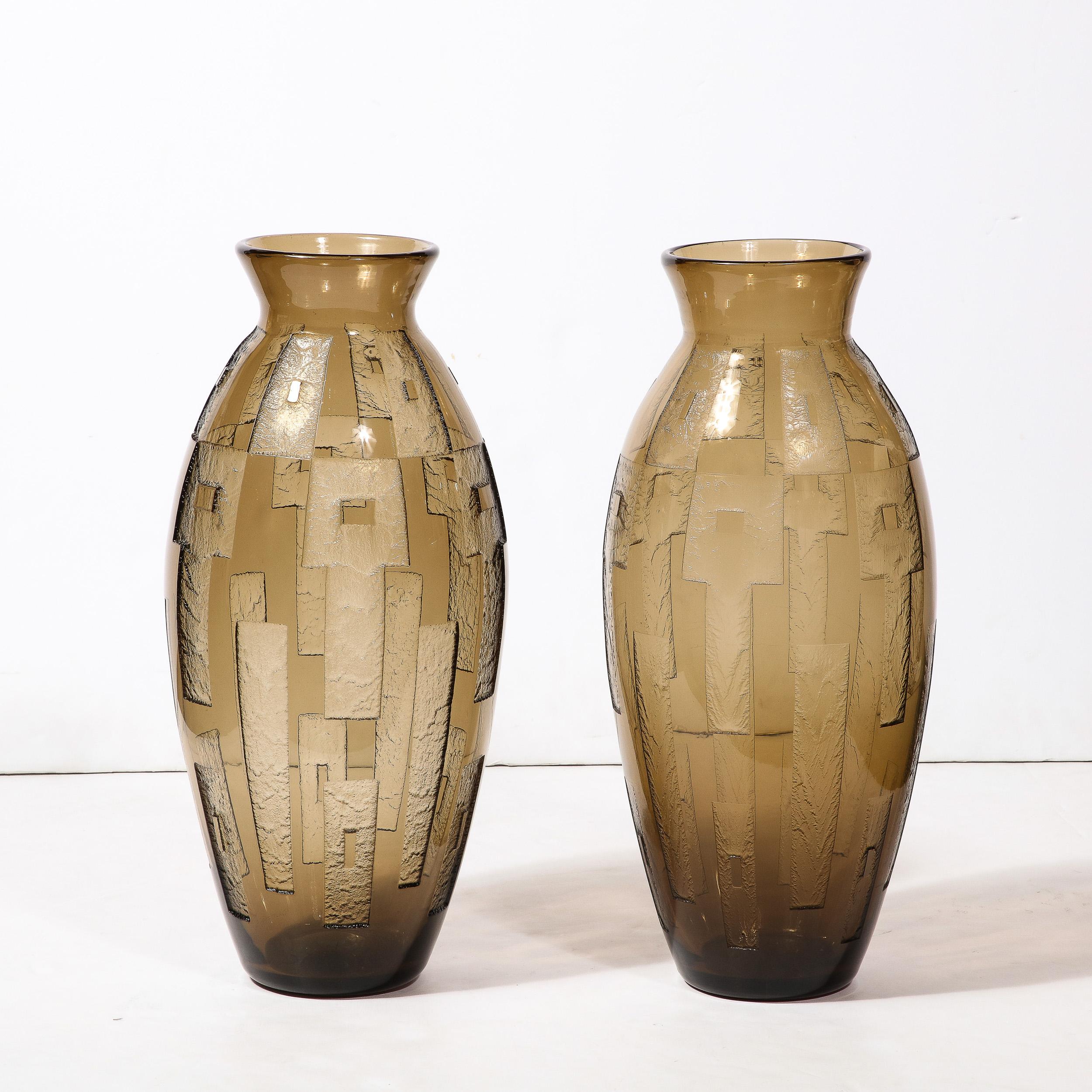 Pair of Art Deco Totem Form Vases in Acid Etched Smoked Geometric Glass by Daum For Sale 4