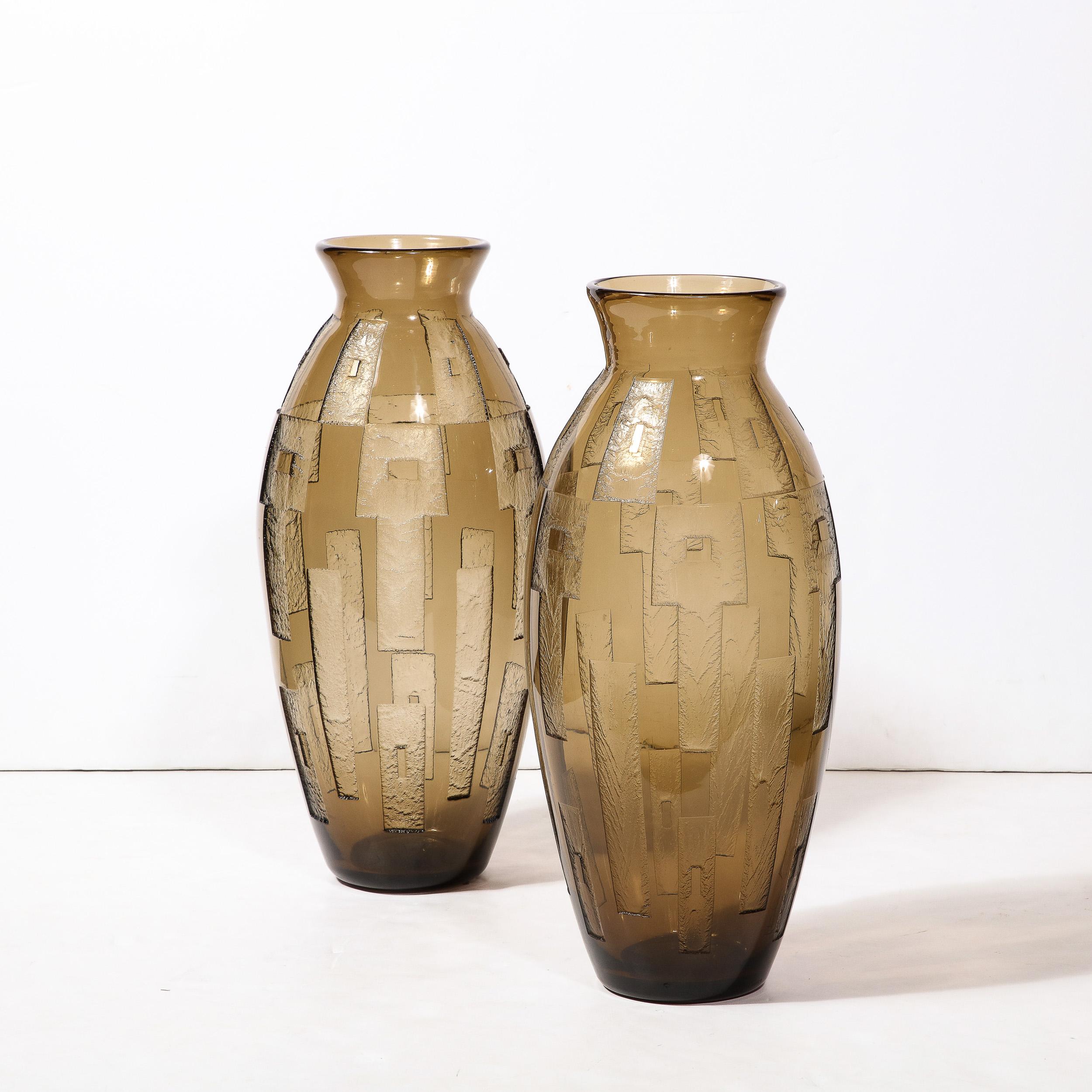 Pair of Art Deco Totem Form Vases in Acid Etched Smoked Geometric Glass by Daum For Sale 9