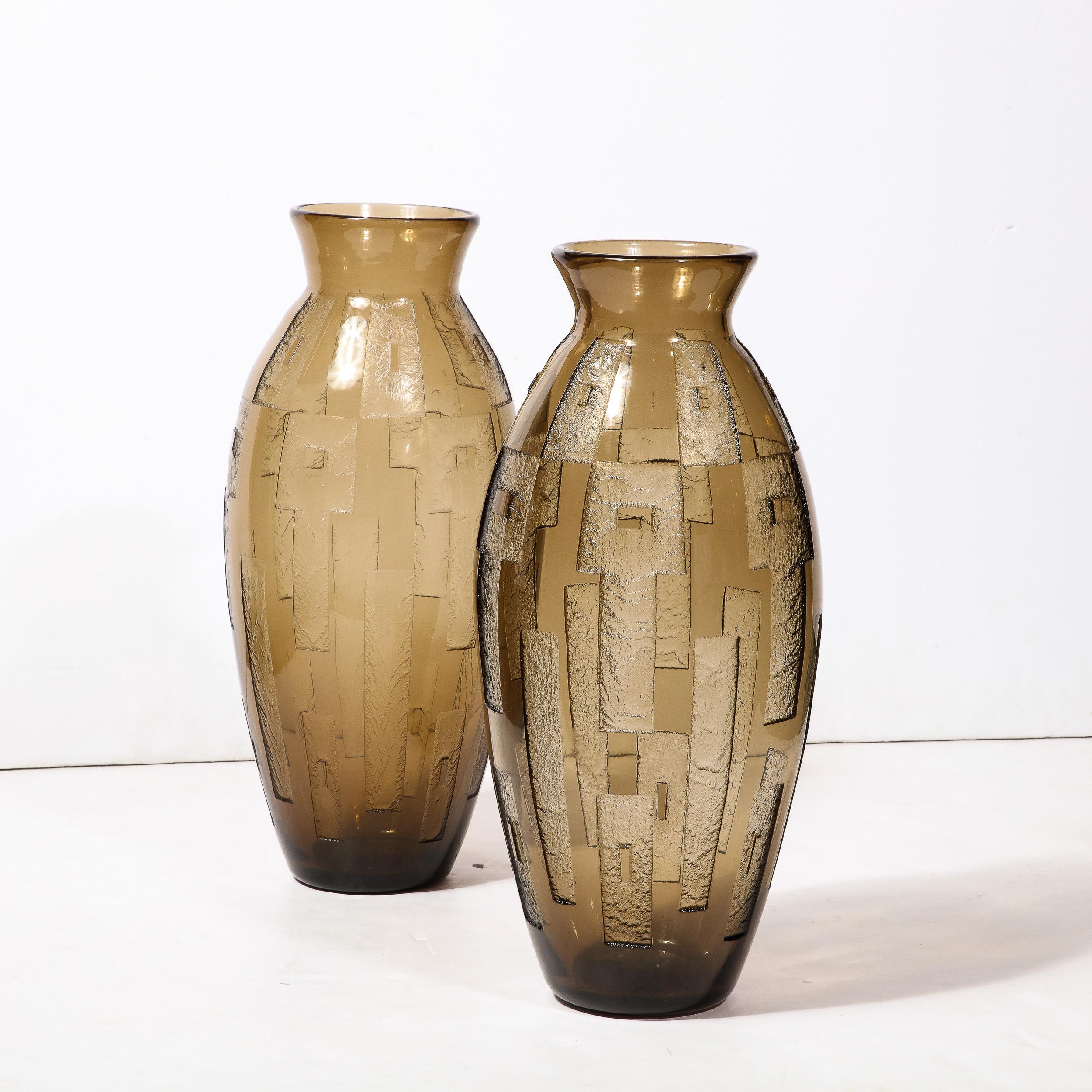 Pair of Art Deco Totem Form Vases in Acid Etched Smoked Geometric Glass by Daum For Sale 10