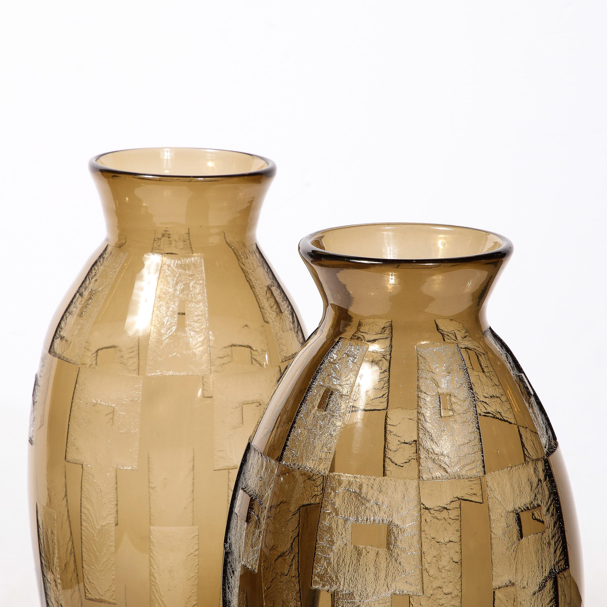 Pair of Art Deco Totem Form Vases in Acid Etched Smoked Geometric Glass by Daum For Sale 11