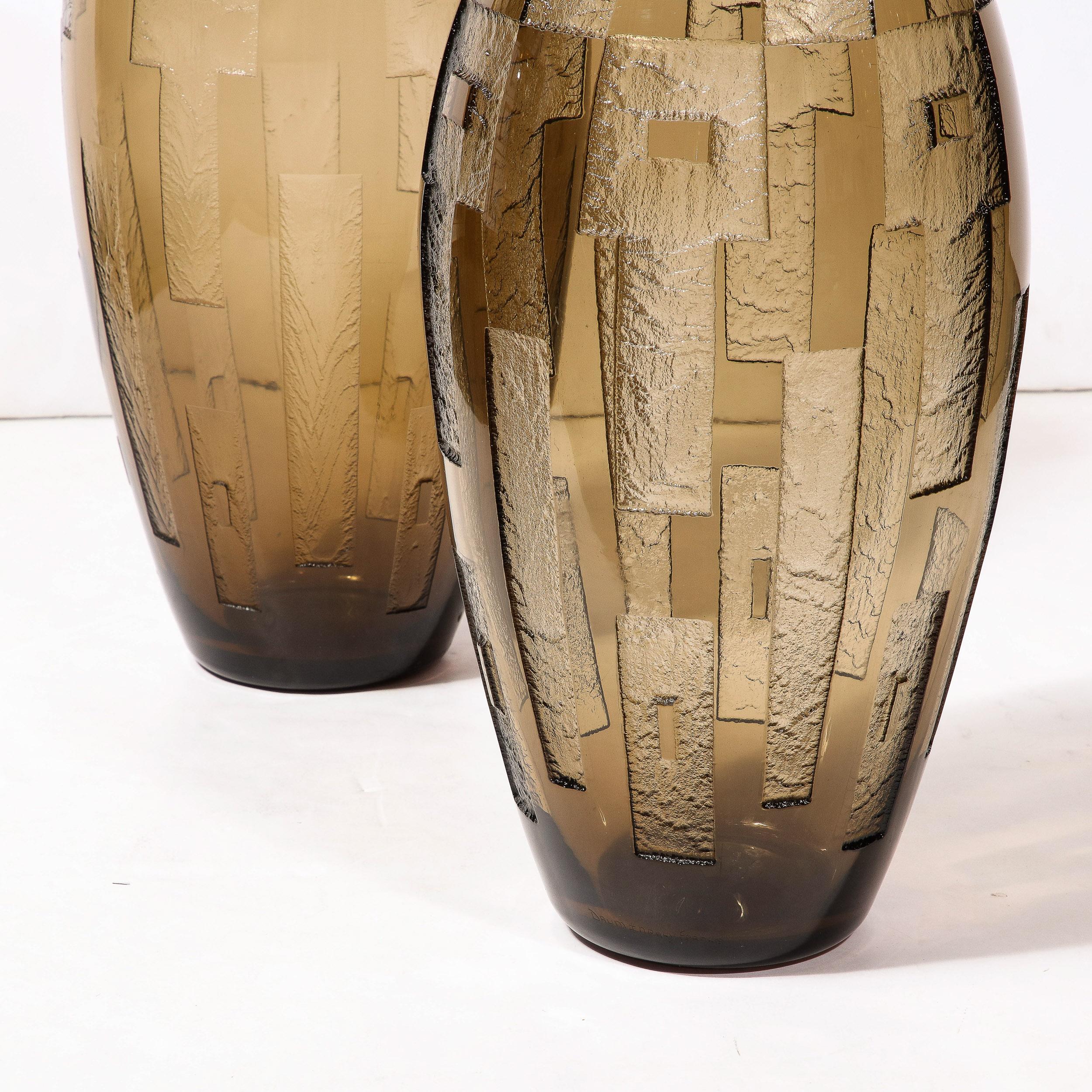 Pair of Art Deco Totem Form Vases in Acid Etched Smoked Geometric Glass by Daum For Sale 12