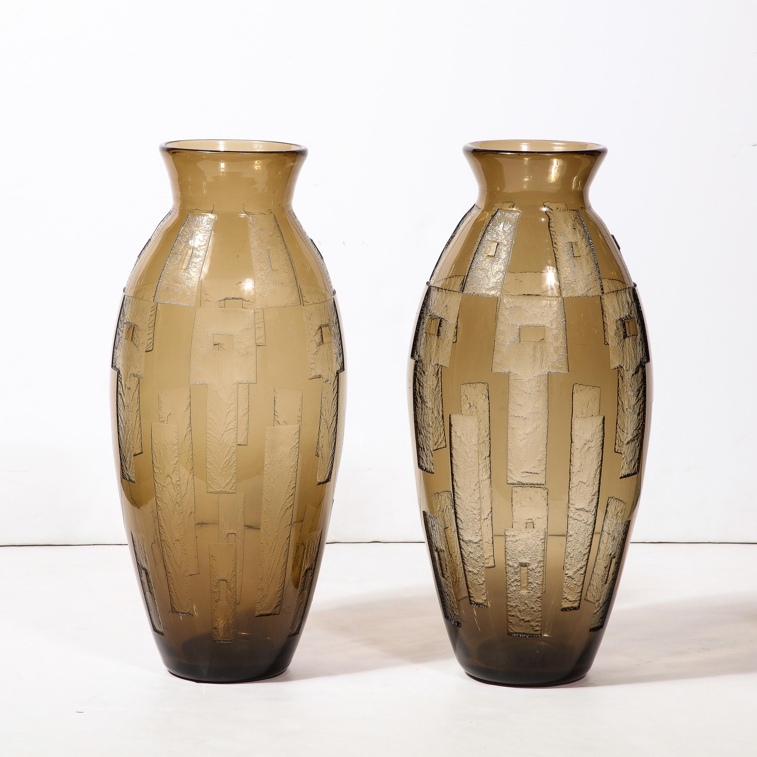 Pair of Art Deco Totem Form Vases in Acid Etched Smoked Geometric Glass by Daum For Sale 13