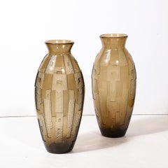 Pair of Art Deco Totem Form Vases in Acid Etched Smoked Geometric Glass by Daum