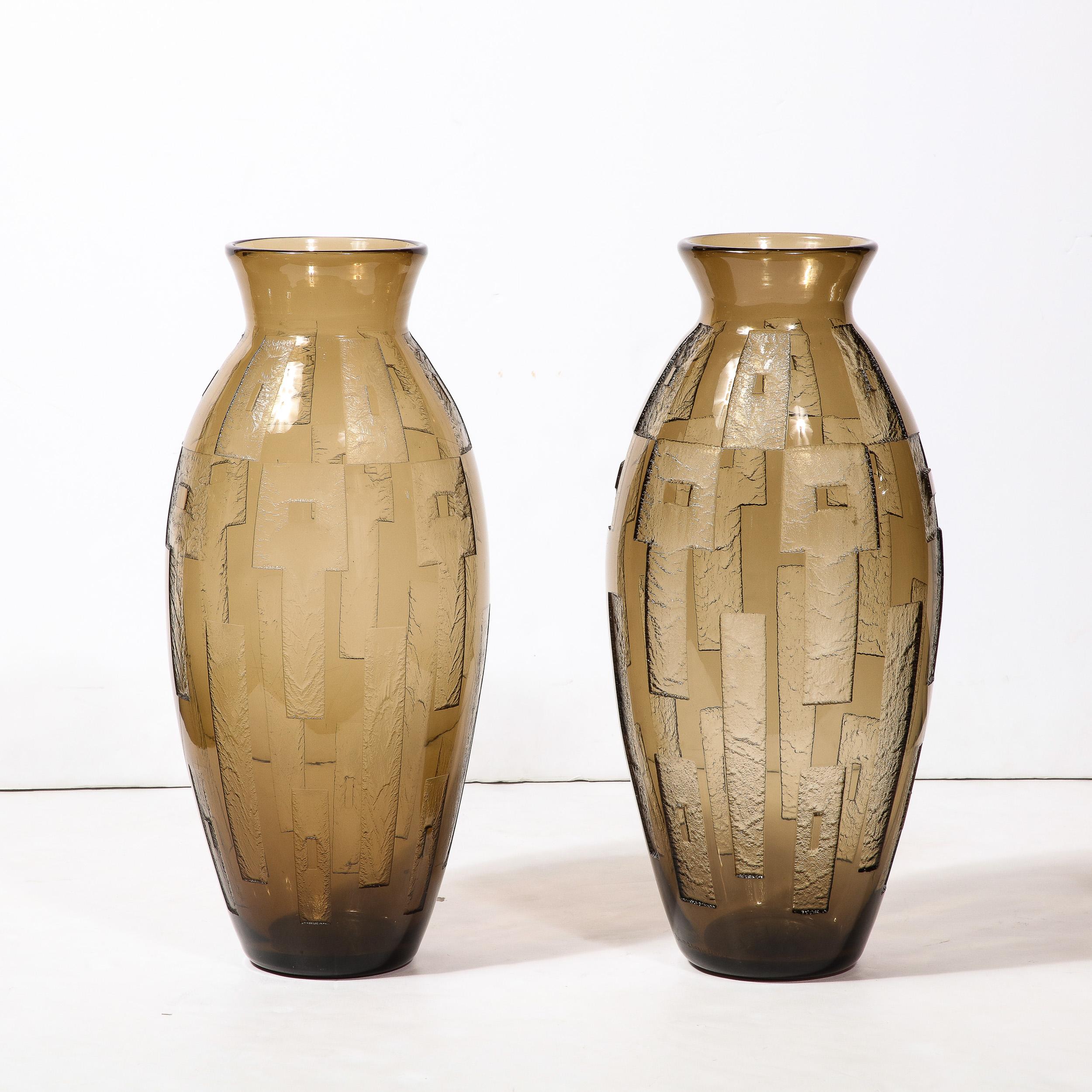 Pair of Art Deco Totem Form Vases in Acid Etched Smoked Geometric Glass by Daum For Sale 14