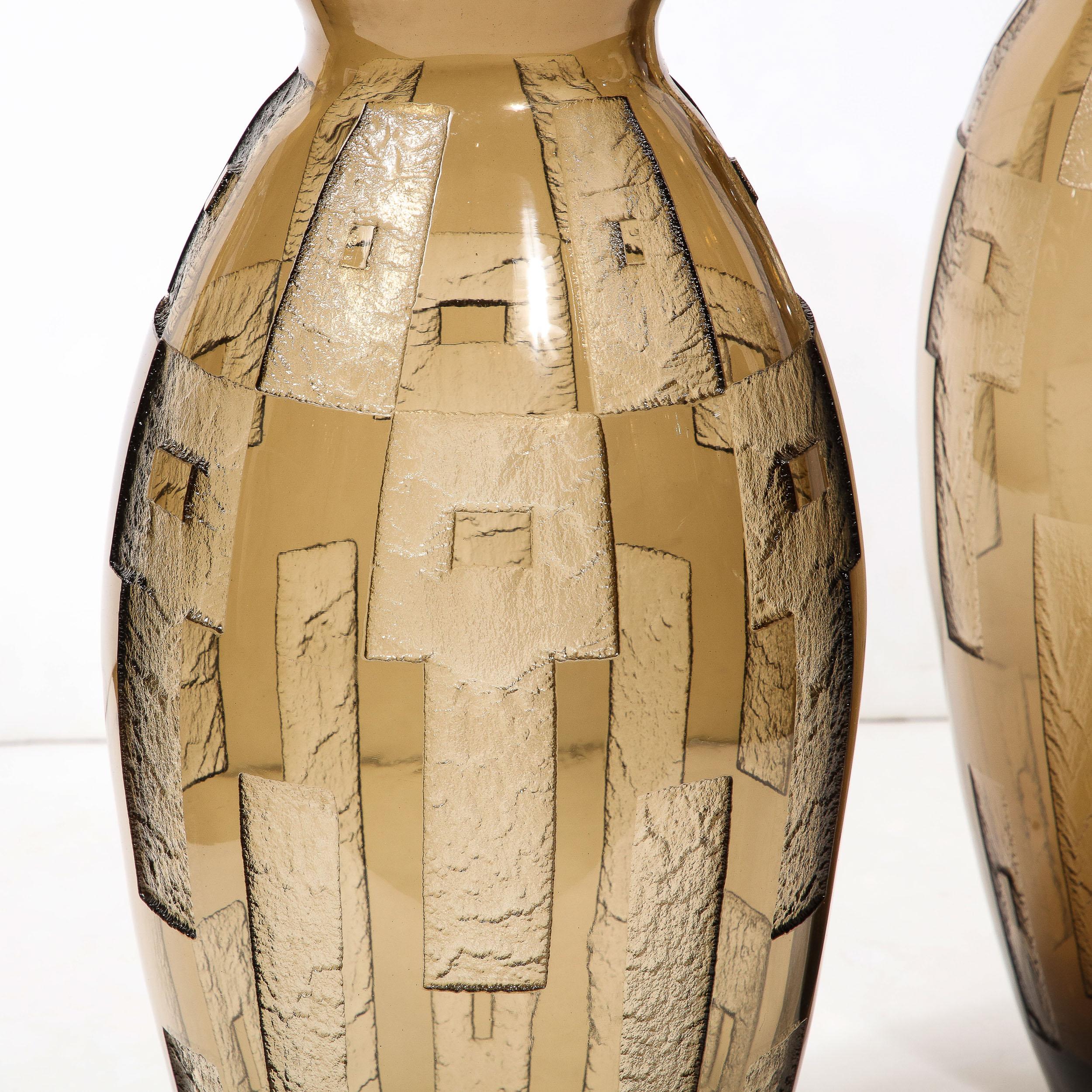 French Pair of Art Deco Totem Form Vases in Acid Etched Smoked Geometric Glass by Daum For Sale