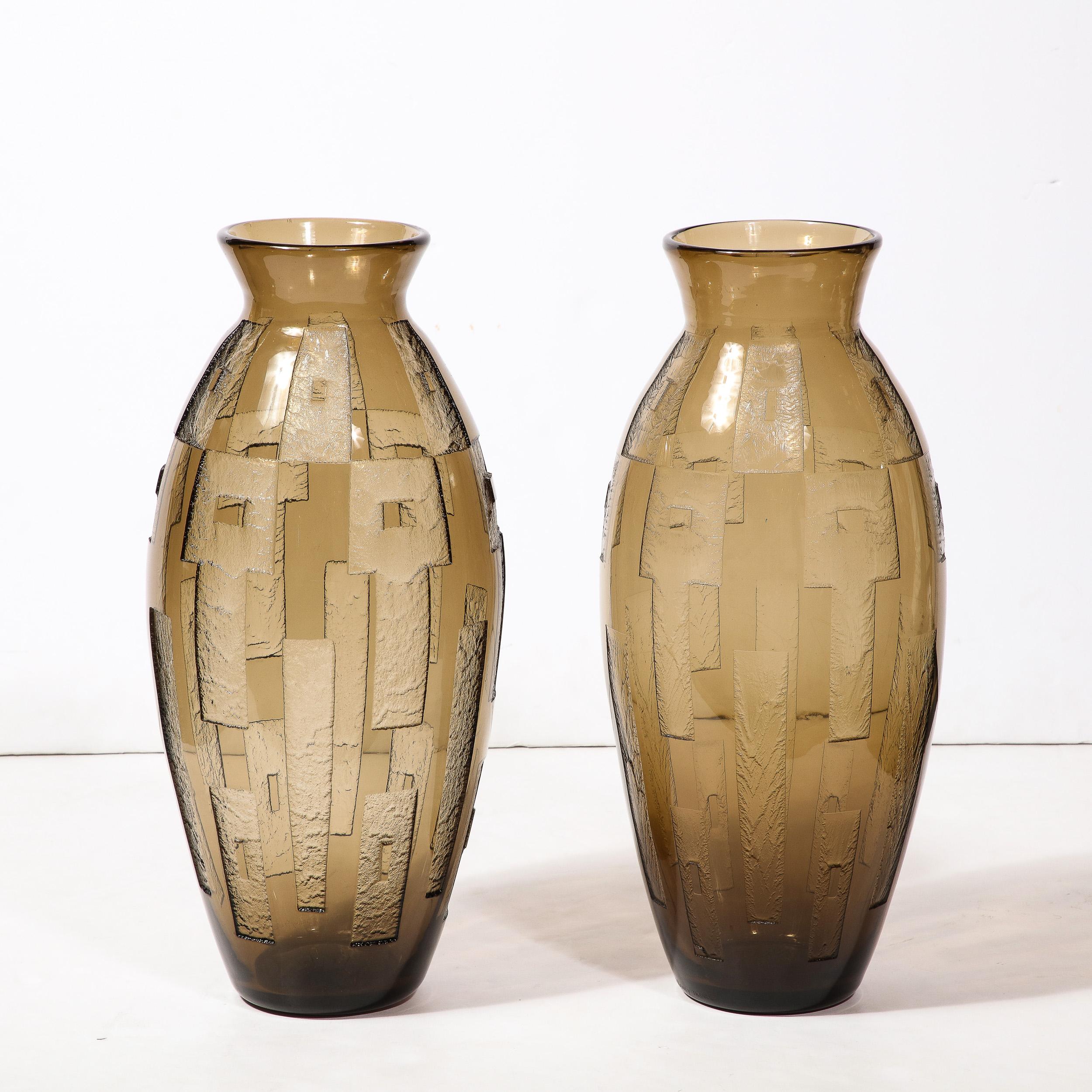 Mid-20th Century Pair of Art Deco Totem Form Vases in Acid Etched Smoked Geometric Glass by Daum For Sale