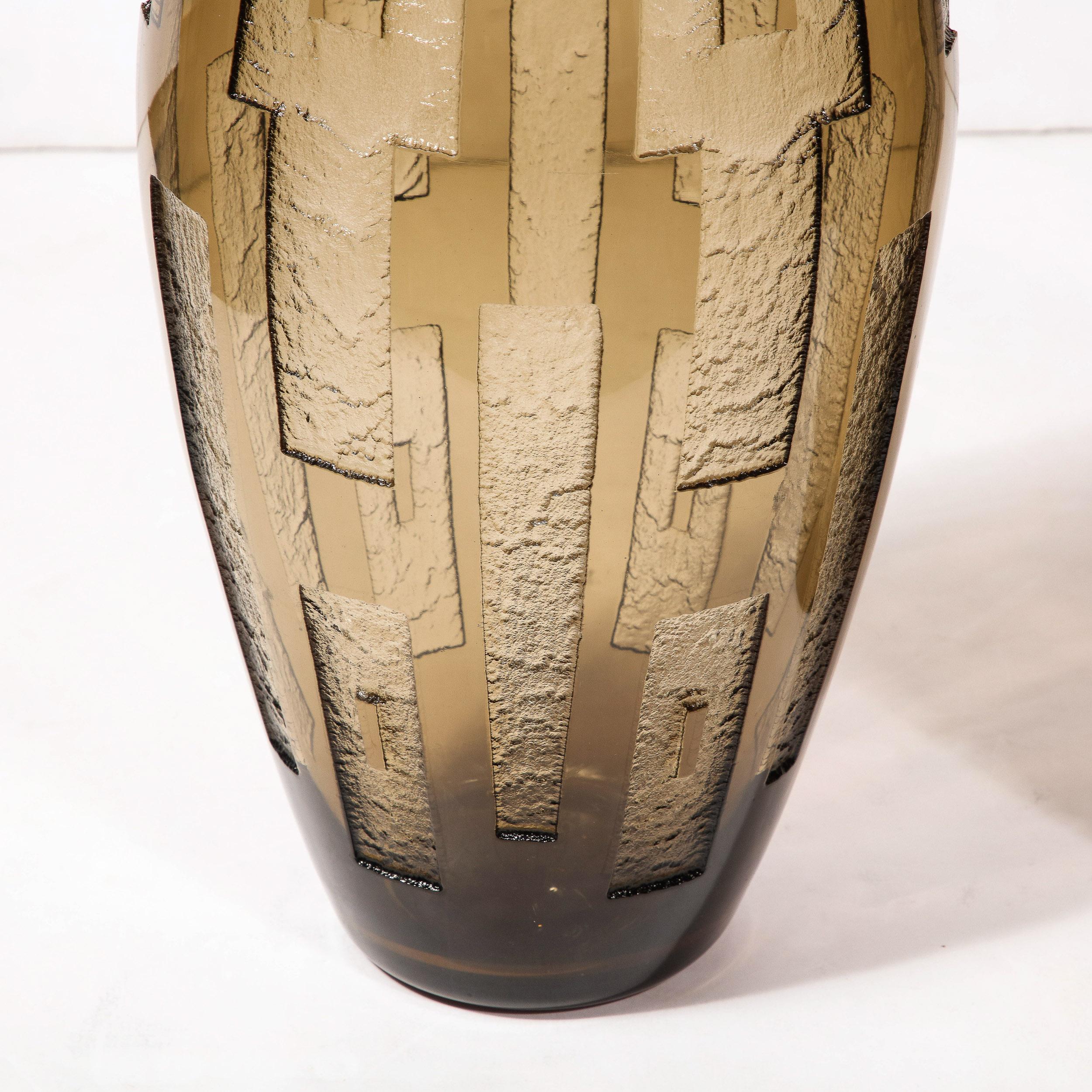 Pair of Art Deco Totem Form Vases in Acid Etched Smoked Geometric Glass by Daum For Sale 3