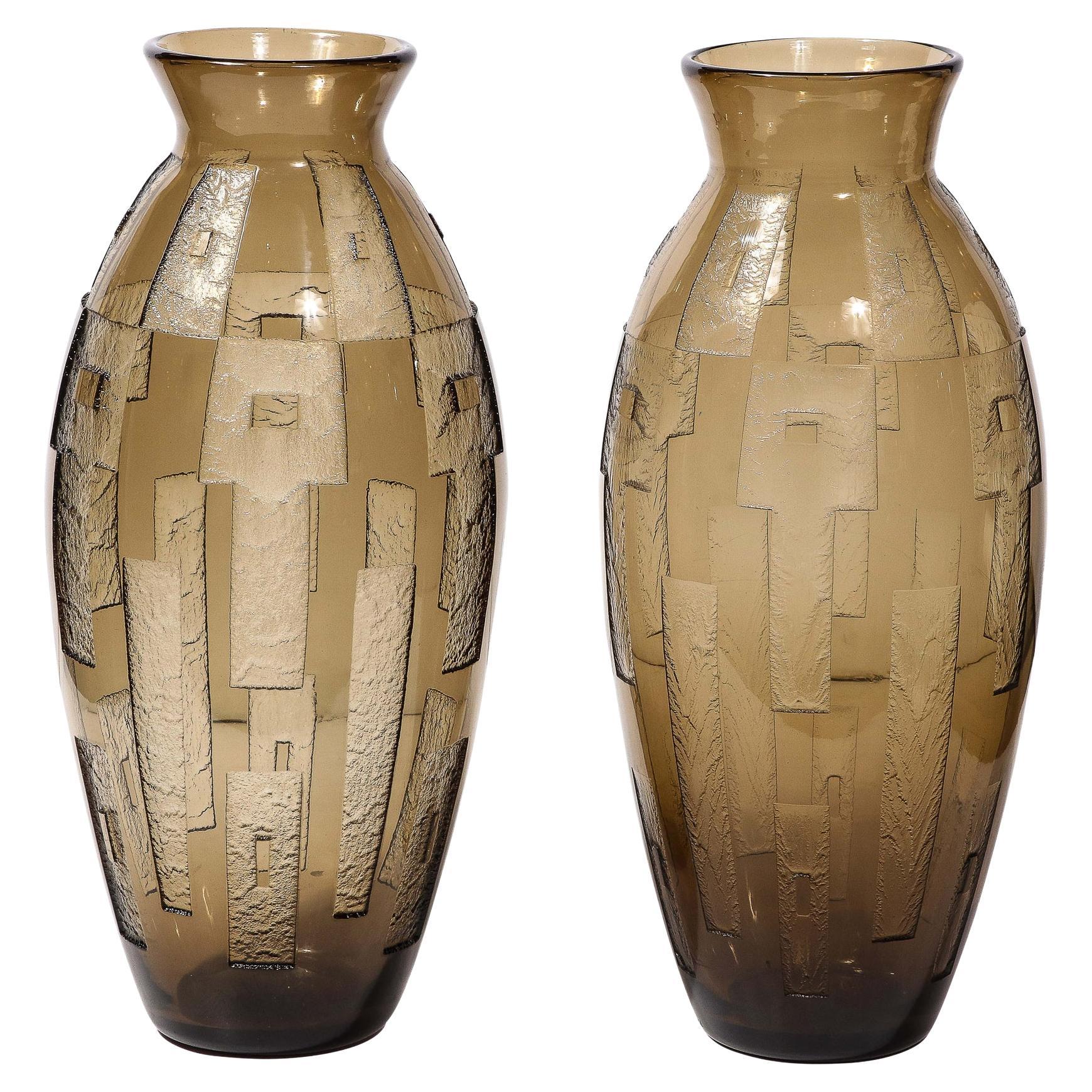 Pair of Art Deco Totem Form Vases in Acid Etched Smoked Geometric Glass by Daum