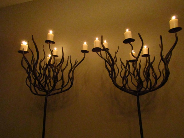Pair of Art Deco Tree Shaped Wrought Iron Candle Holders Torchieres For Sale 11