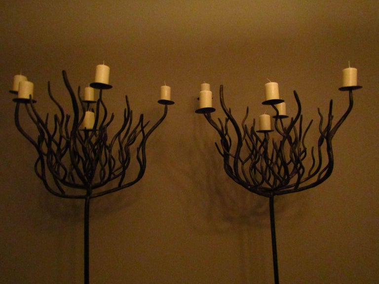 Pair of Art Deco Tree Shaped Wrought Iron Candle Holders Torchieres For Sale 13