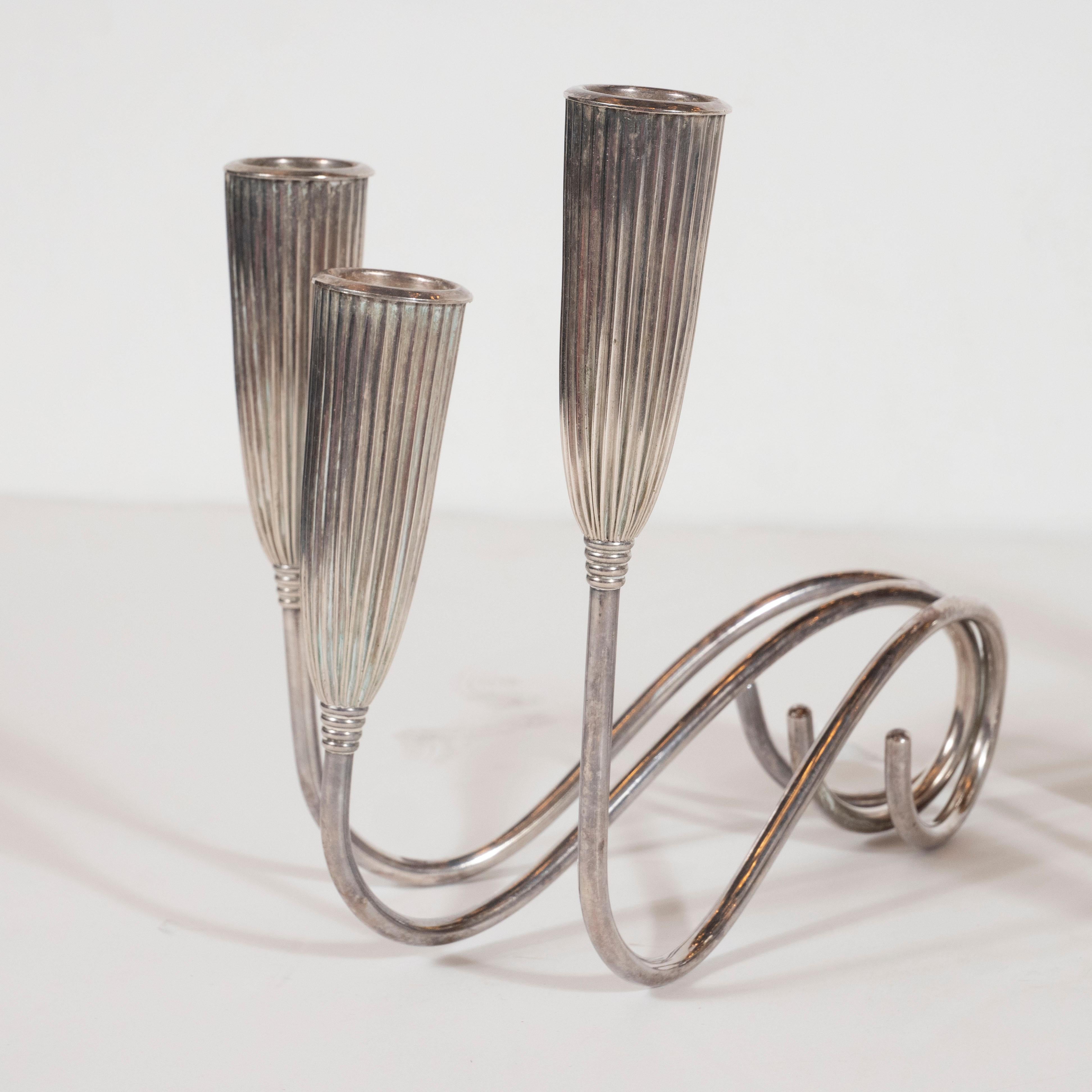 American Pair of Art Deco Triple Branch Fluted Silver Plated Candlesticks by Napier