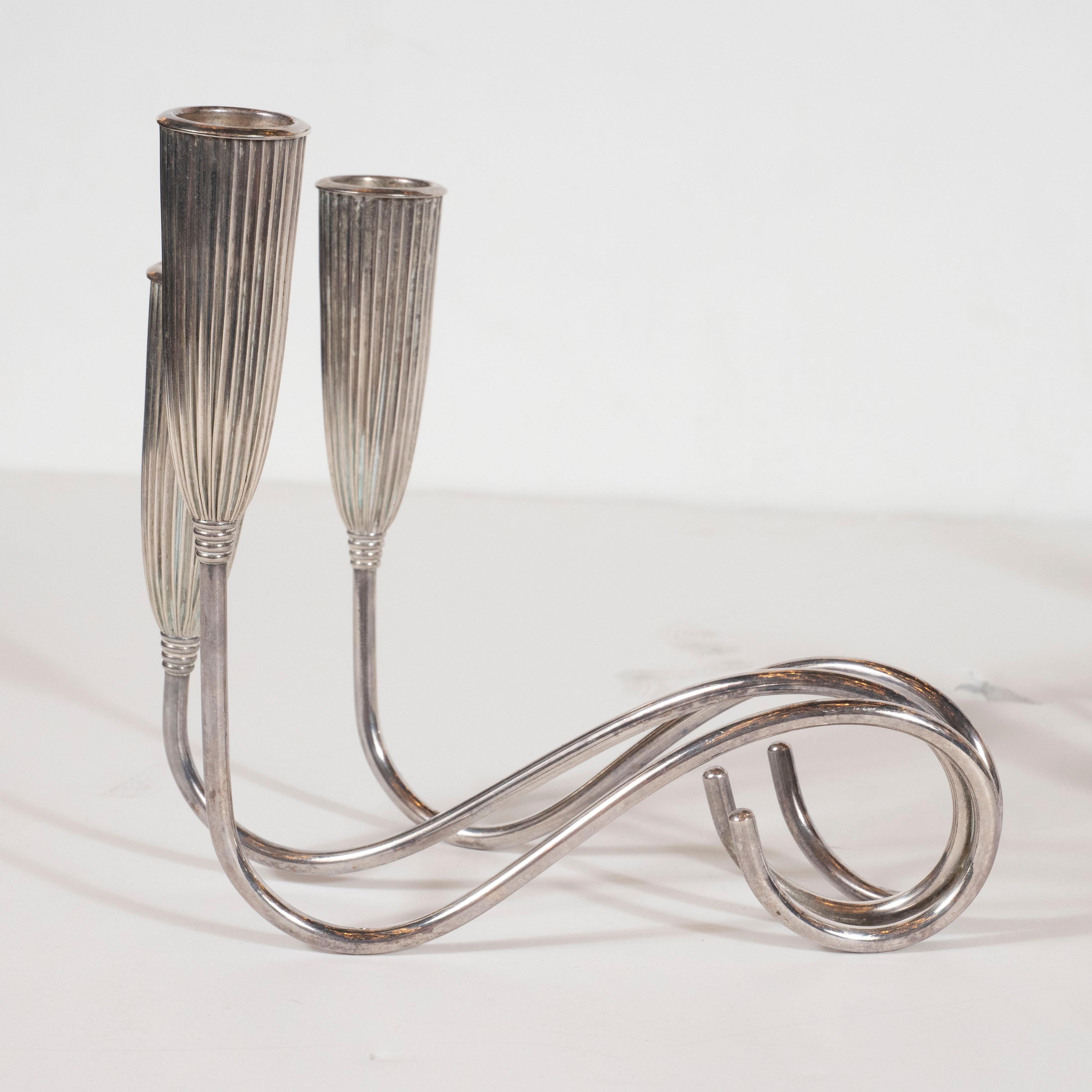 Mid-20th Century Pair of Art Deco Triple Branch Fluted Silver Plated Candlesticks by Napier