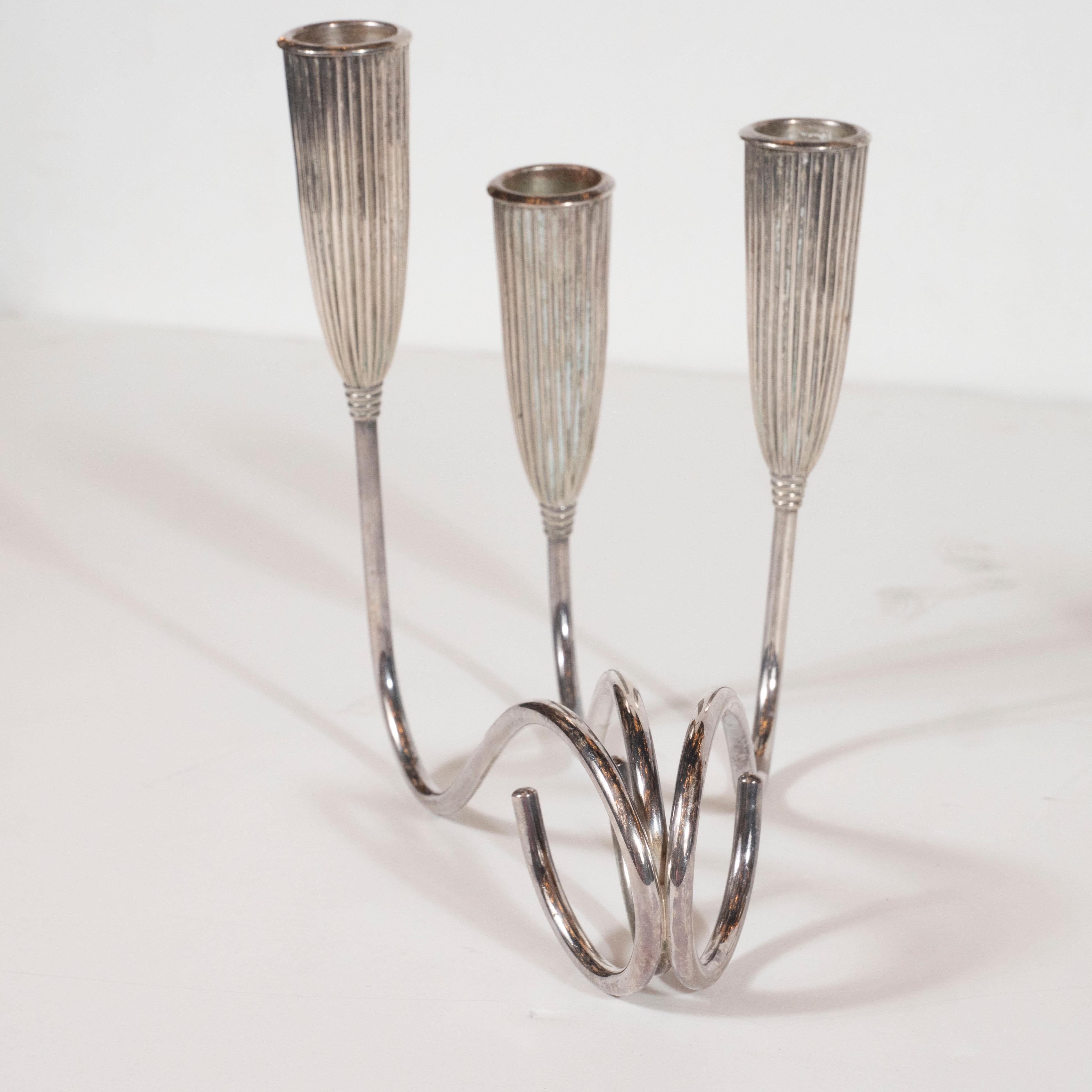 Pair of Art Deco Triple Branch Fluted Silver Plated Candlesticks by Napier 1
