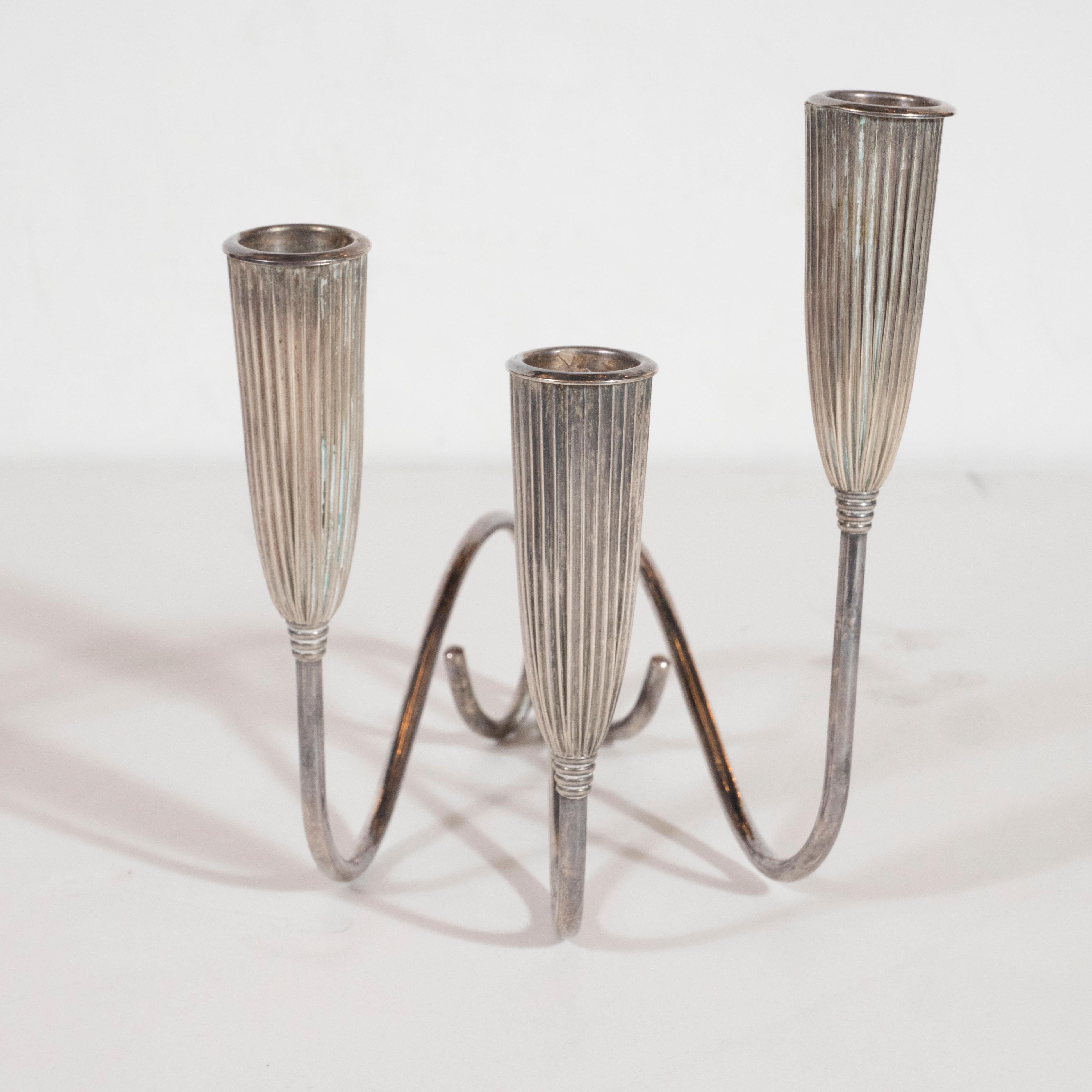 Pair of Art Deco Triple Branch Fluted Silver Plated Candlesticks by Napier 3