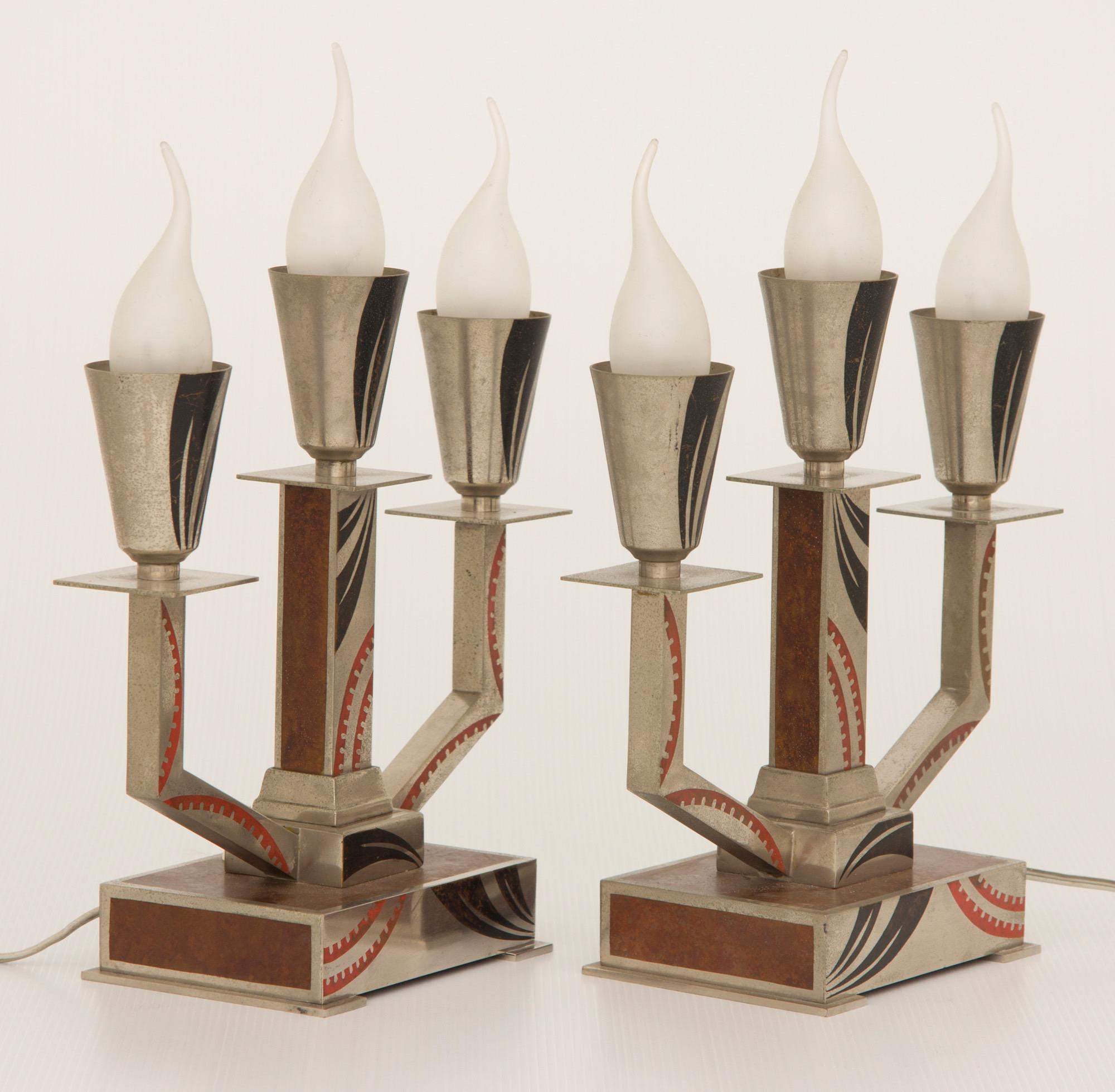 French Pair of Art Deco Triple Candelabras by M. Offner