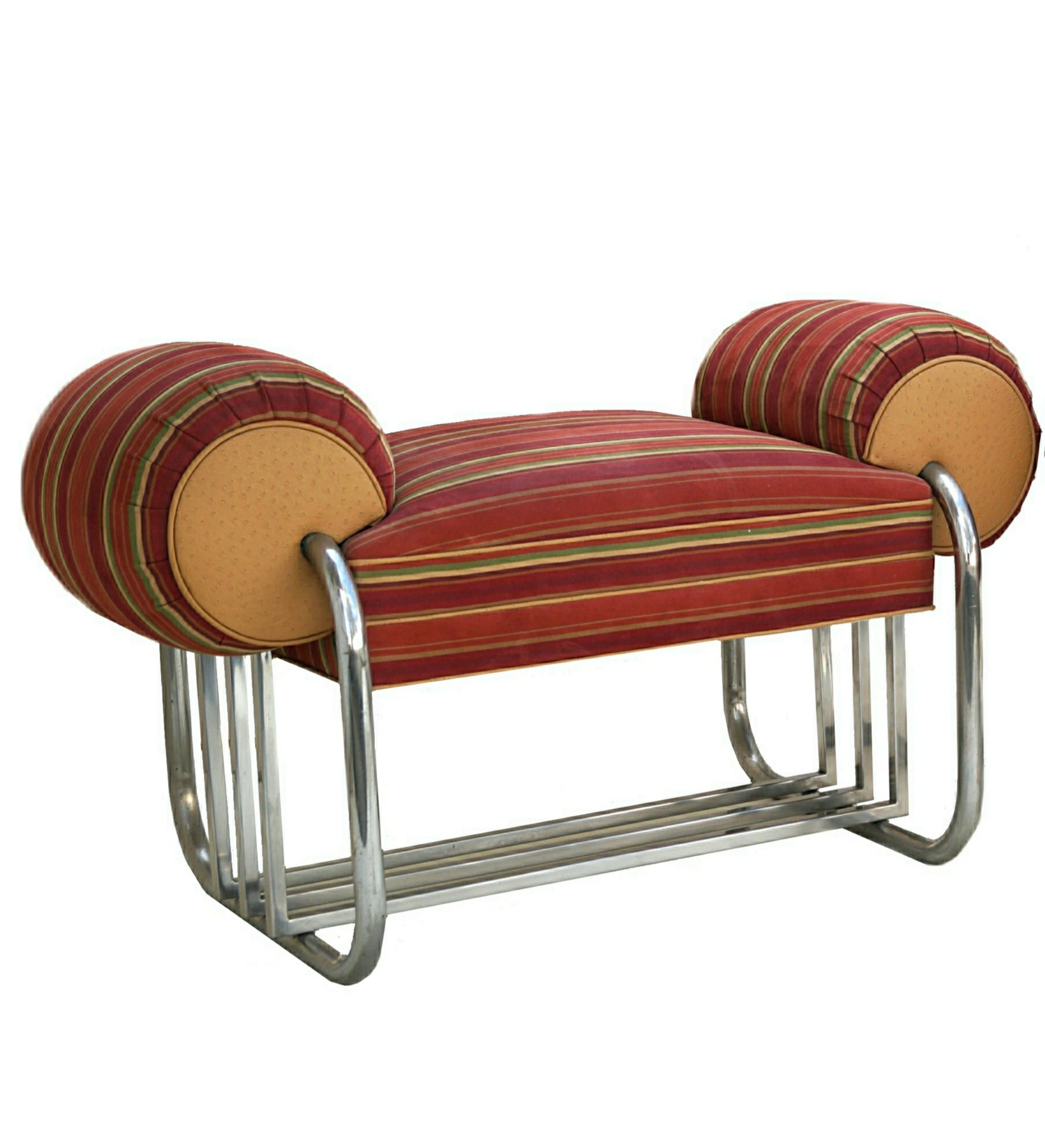 Pair of Art Deco Machine Age tubular chrome bench benches by Donald Deskey. These can be used indoors almost anywhere: entry, foot of a bed or as additional seating in any room / rooms.