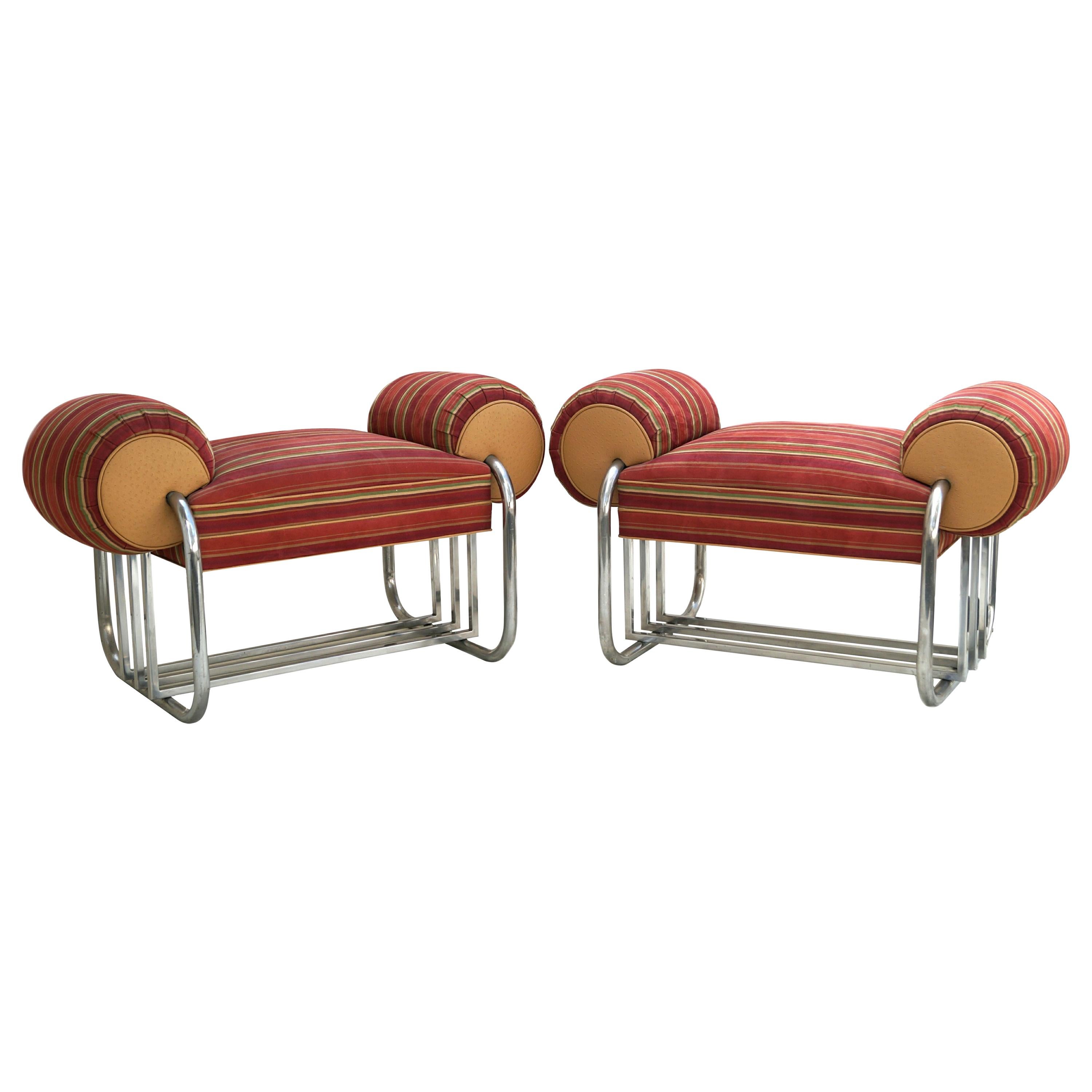 Pair of Art Deco Tubular Chrome Bench Benches by Donald Deskey