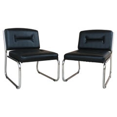 Pair of Art Deco Tubular Chrome Lounge Chairs in Black Leather