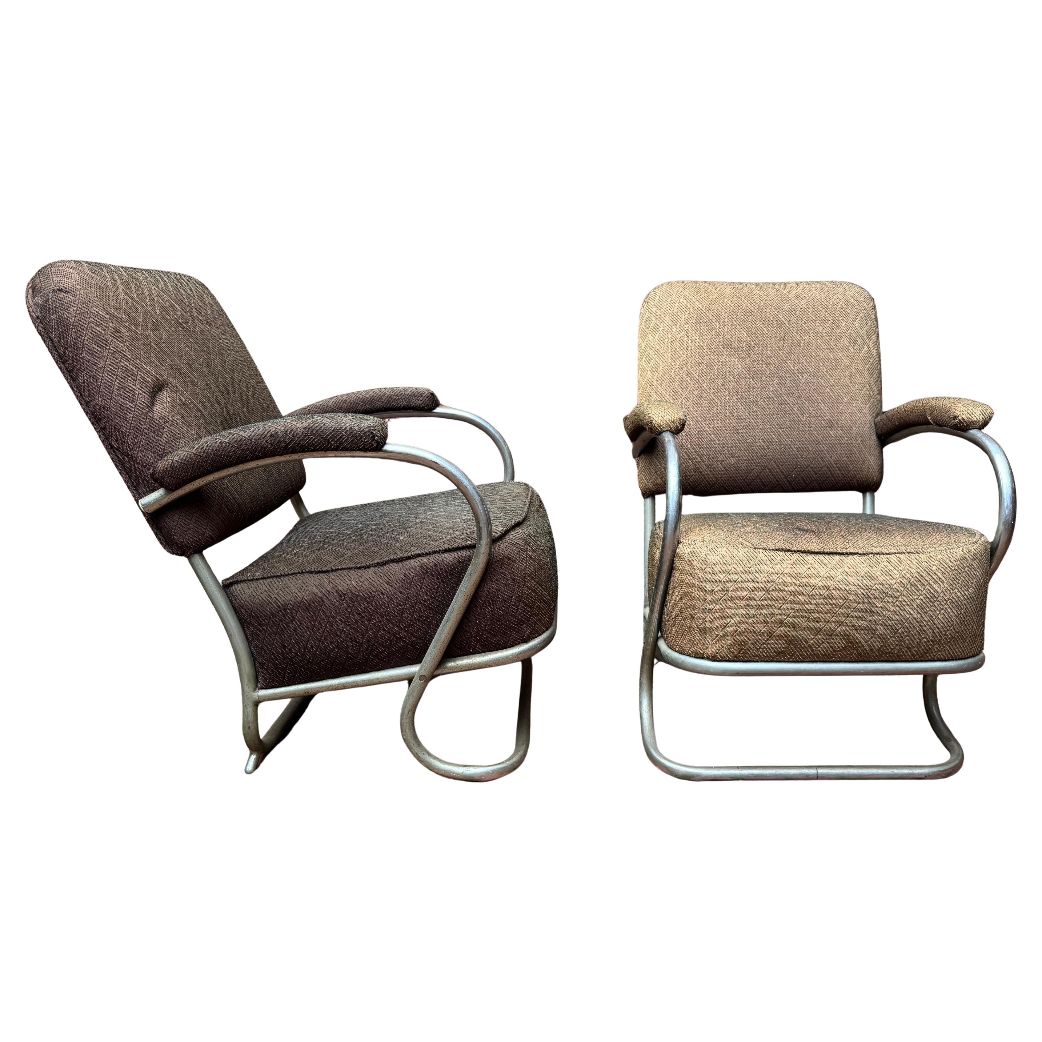 Pair of Art Deco Tubular Chrome Lounge Chairs, K E M Weber