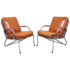 Pair of Art Deco Tubular Chrome Red Vinyl Club Lounge Armchairs Attr. Lloyd Mfg.