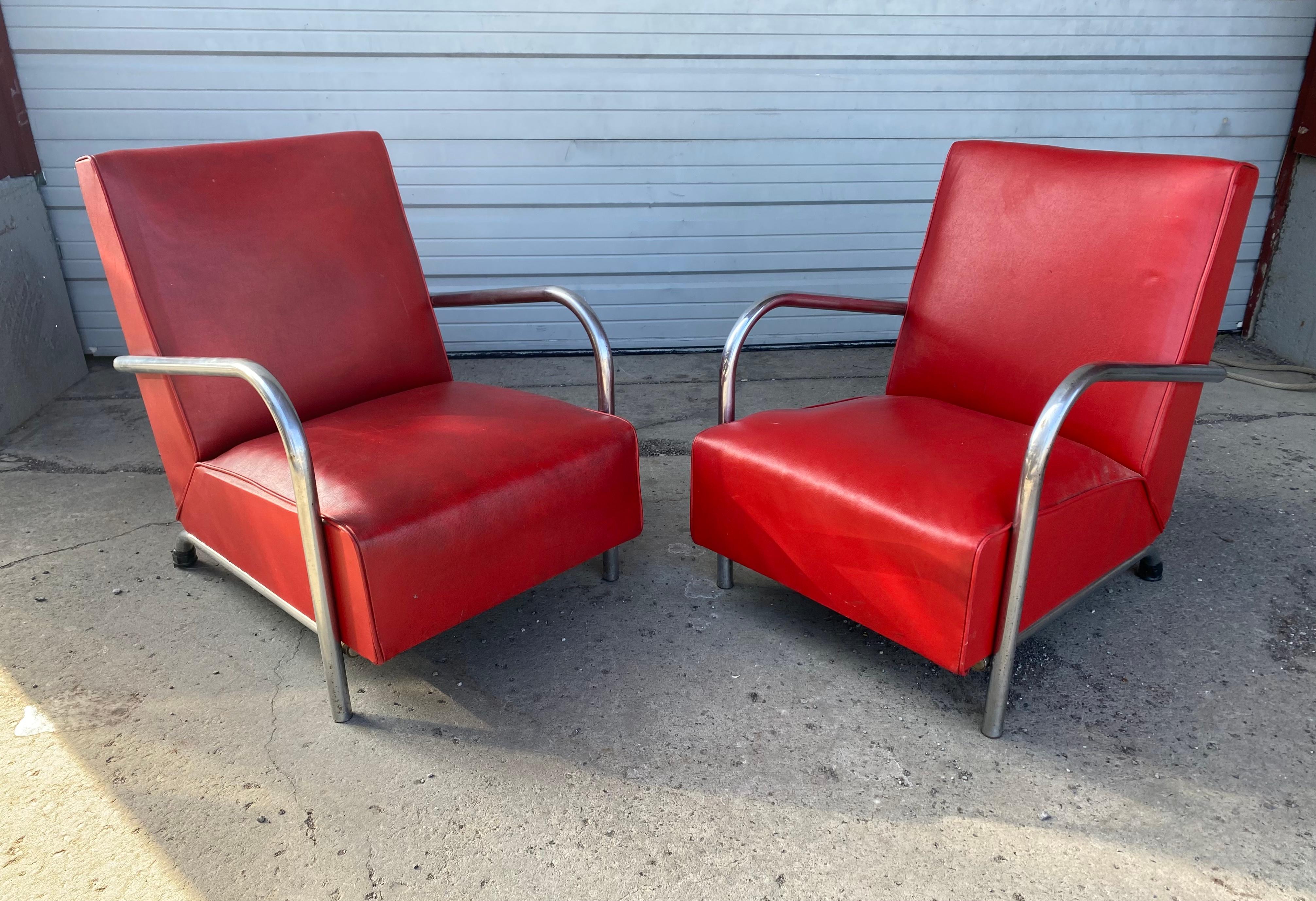Pair of Art Deco Tubular Chrome Streamline Lounge Chairs 3
