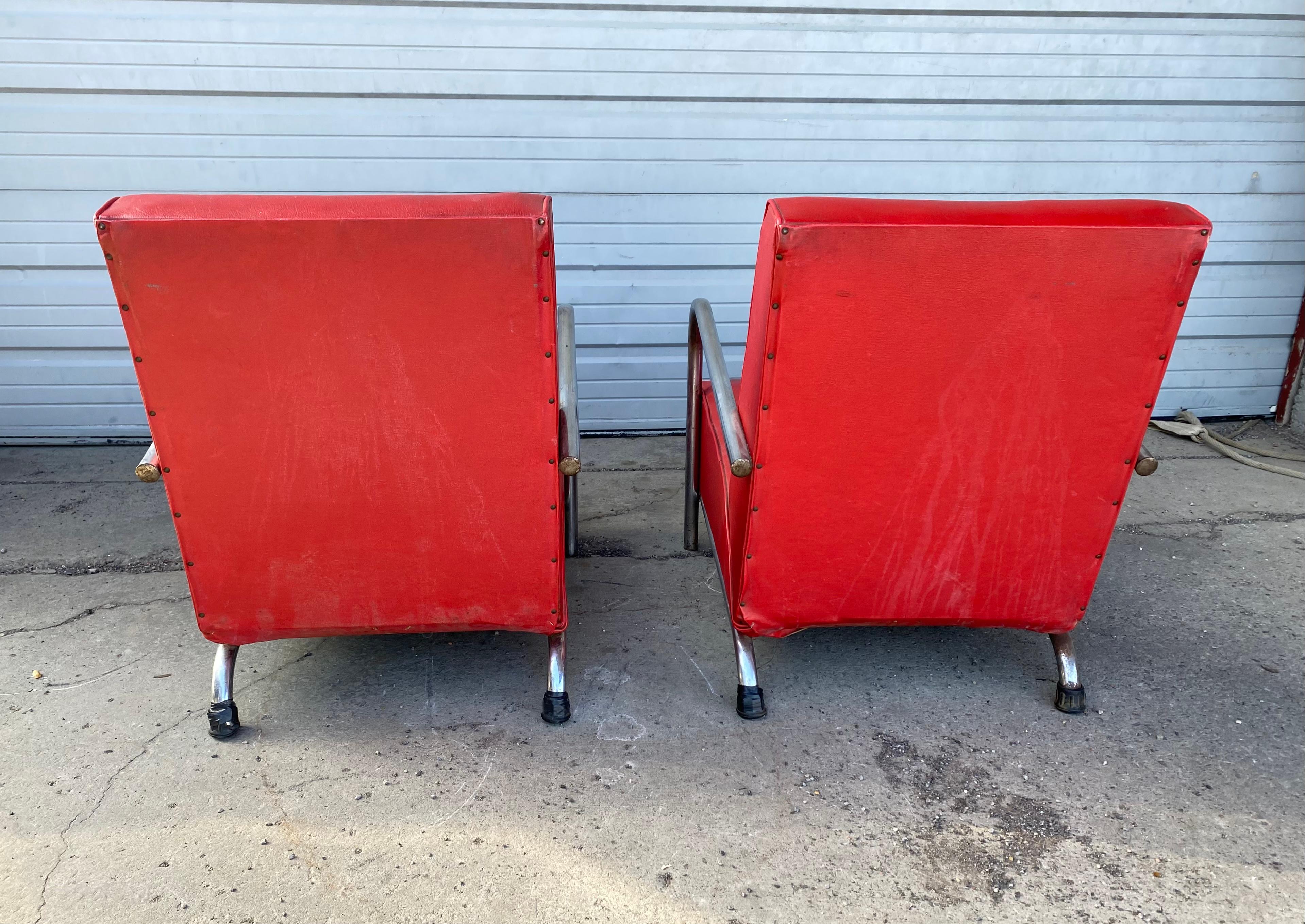 Naugahyde Pair of Art Deco Tubular Chrome Streamline Lounge Chairs