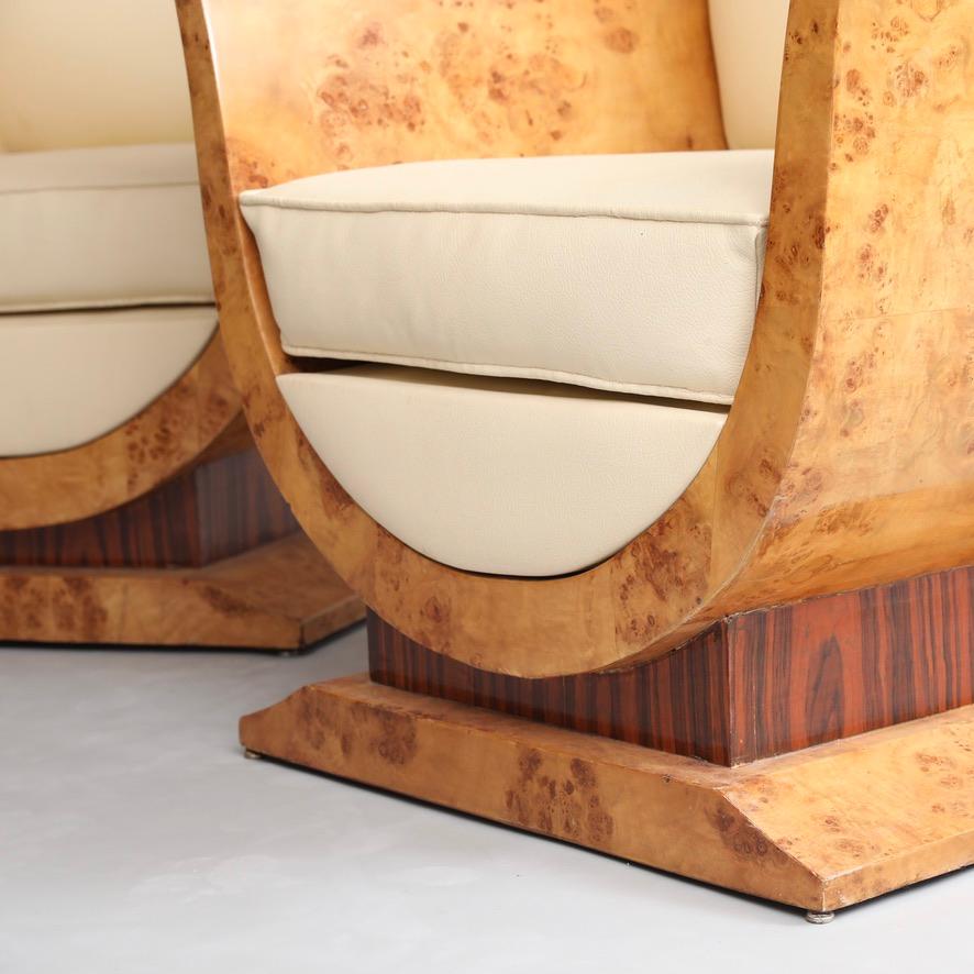 Leather Pair of Art Deco Tulip Chairs in Burl & Rosewood