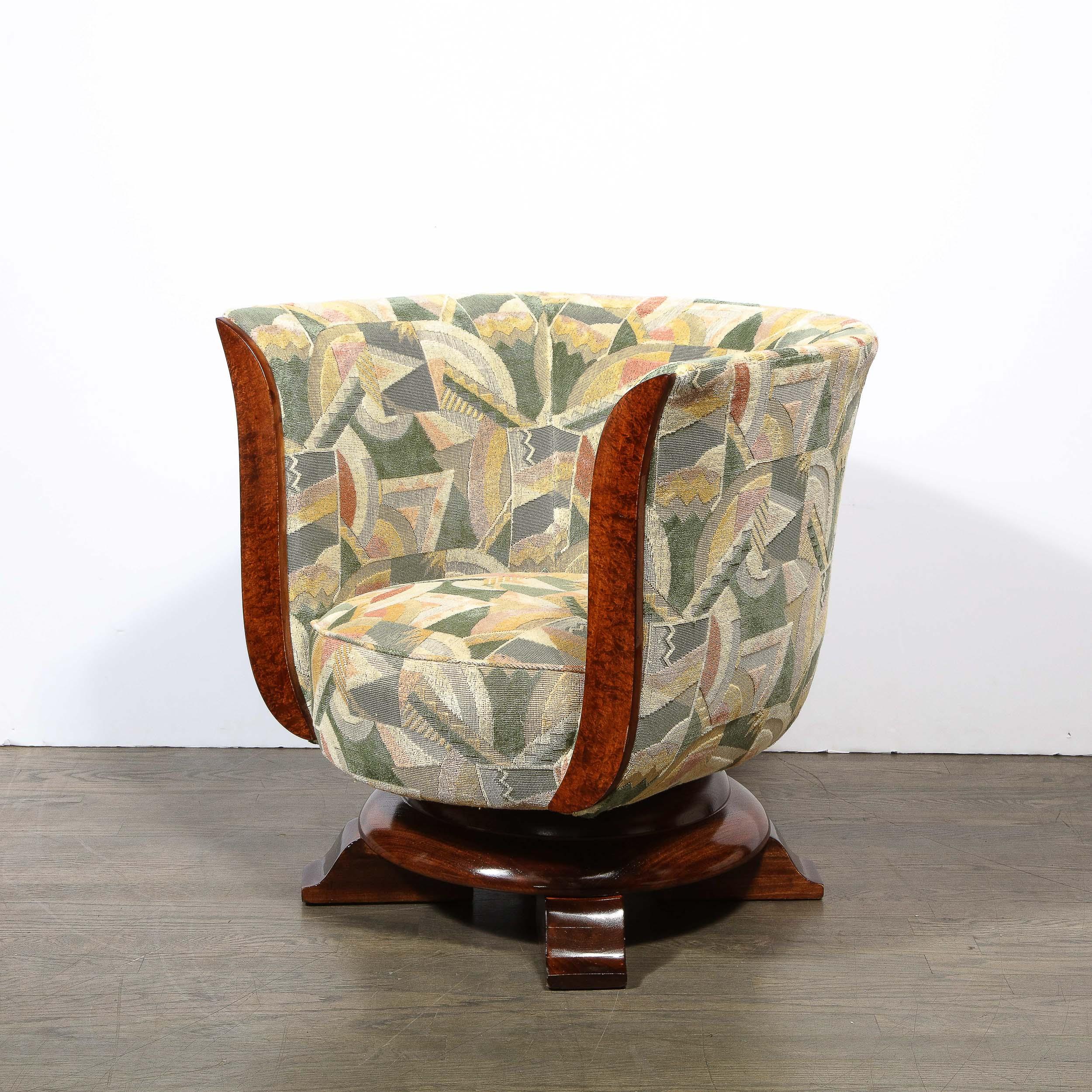 Pair of Art Deco Tulip Chairs in Burled Walnut and Clarence House Fabric 5