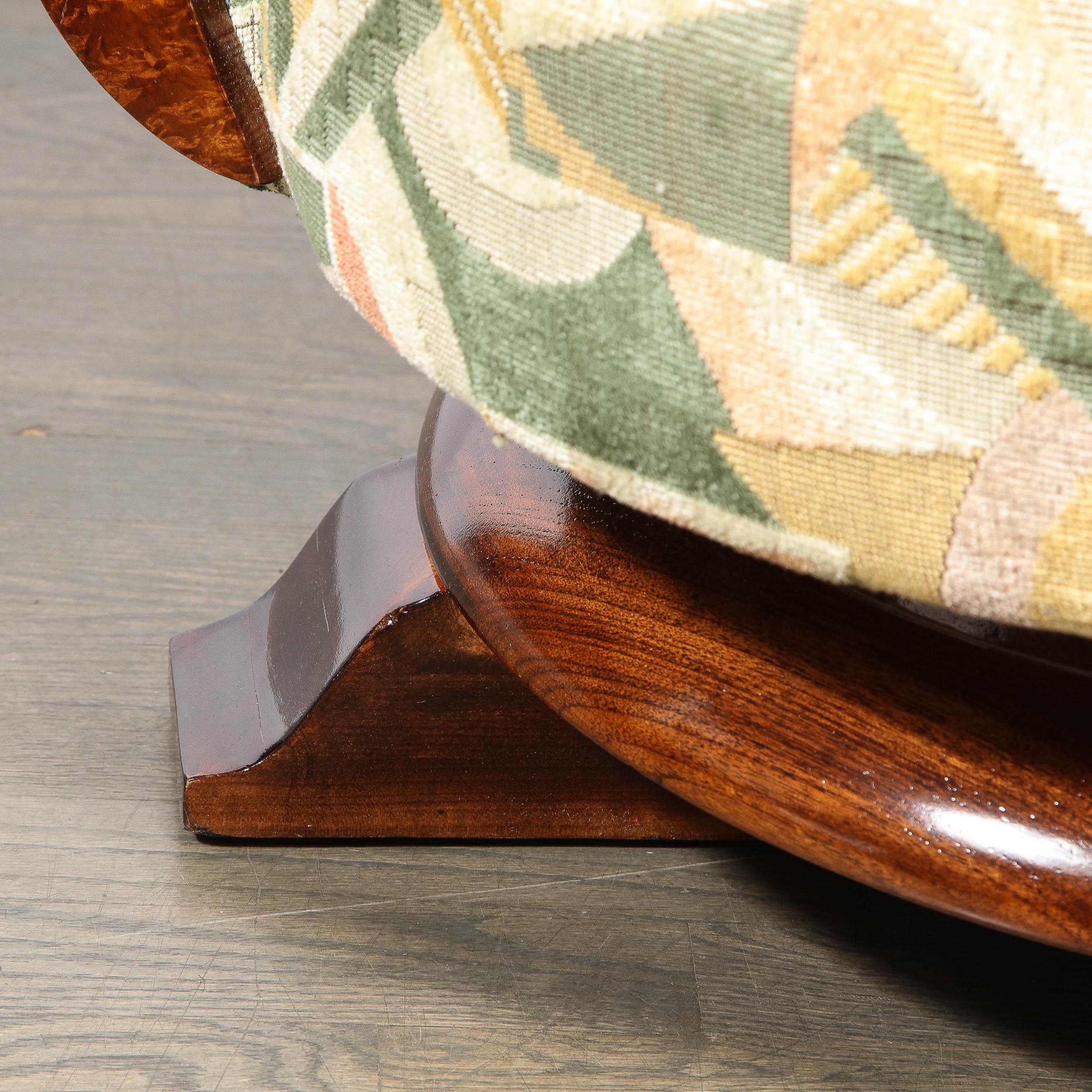 Pair of Art Deco Tulip Chairs in Burled Walnut and Clarence House Fabric 6