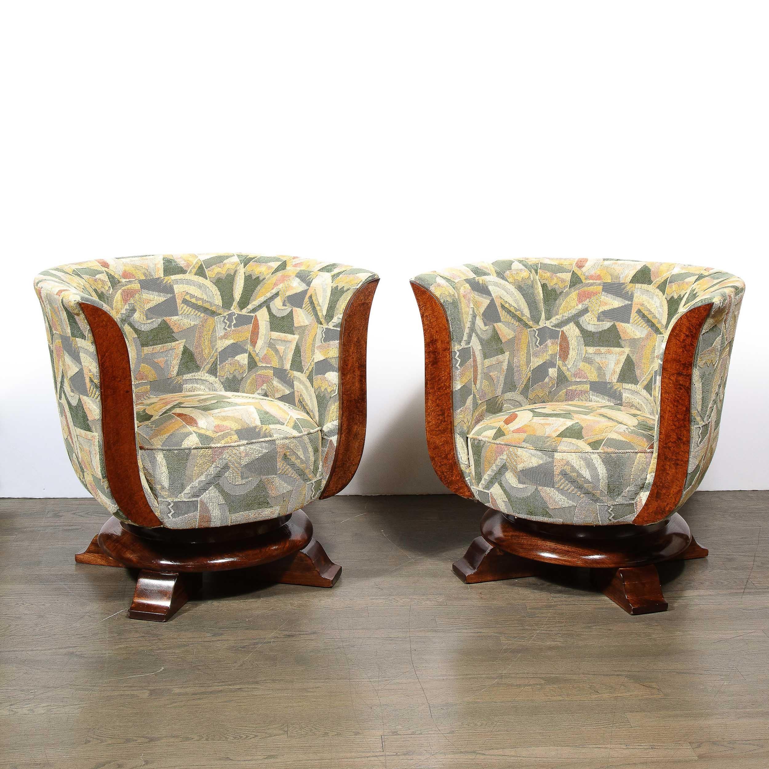 Pair of Art Deco Tulip Chairs in Burled Walnut and Clarence House Fabric 7