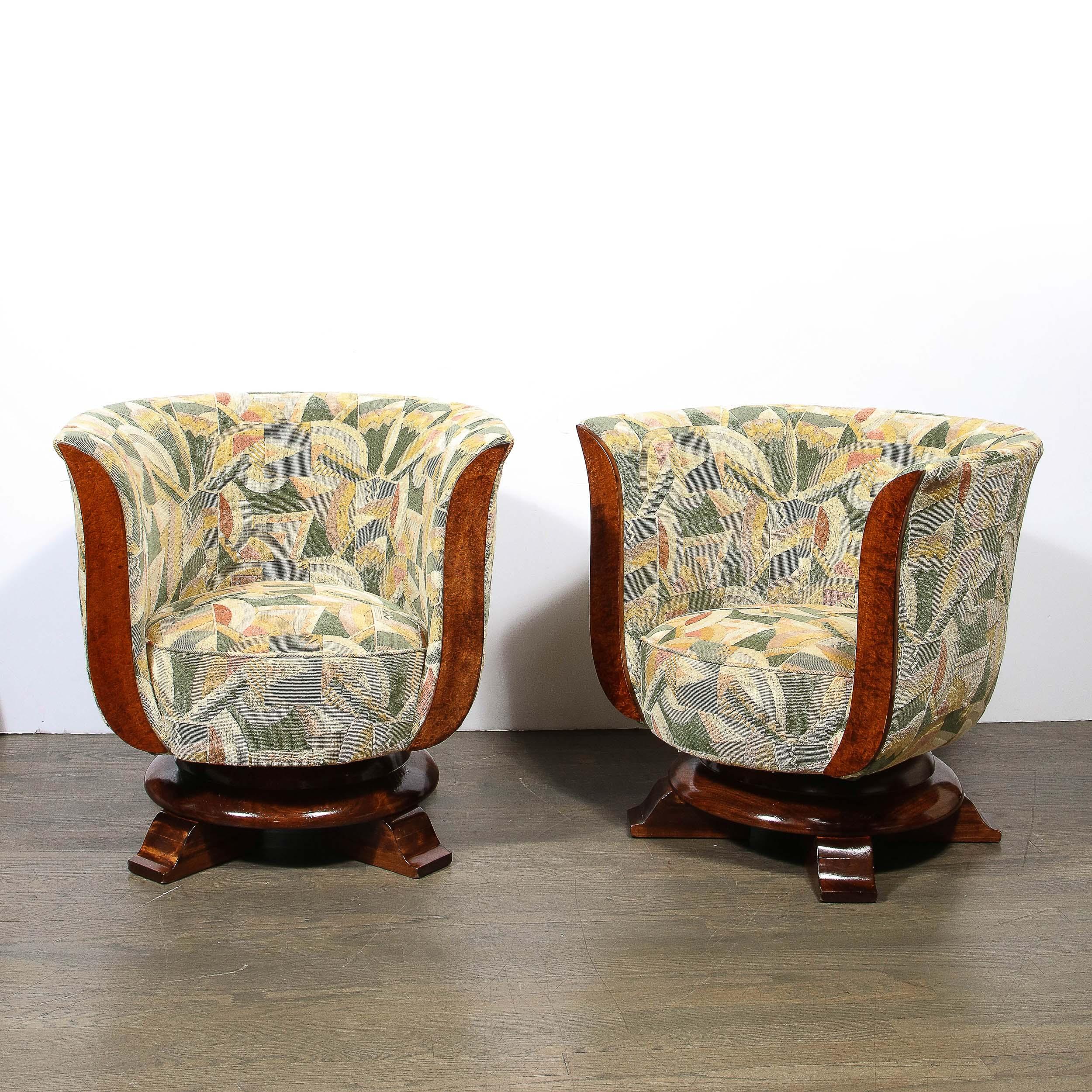Pair of Art Deco Tulip Chairs in Burled Walnut and Clarence House Fabric 8